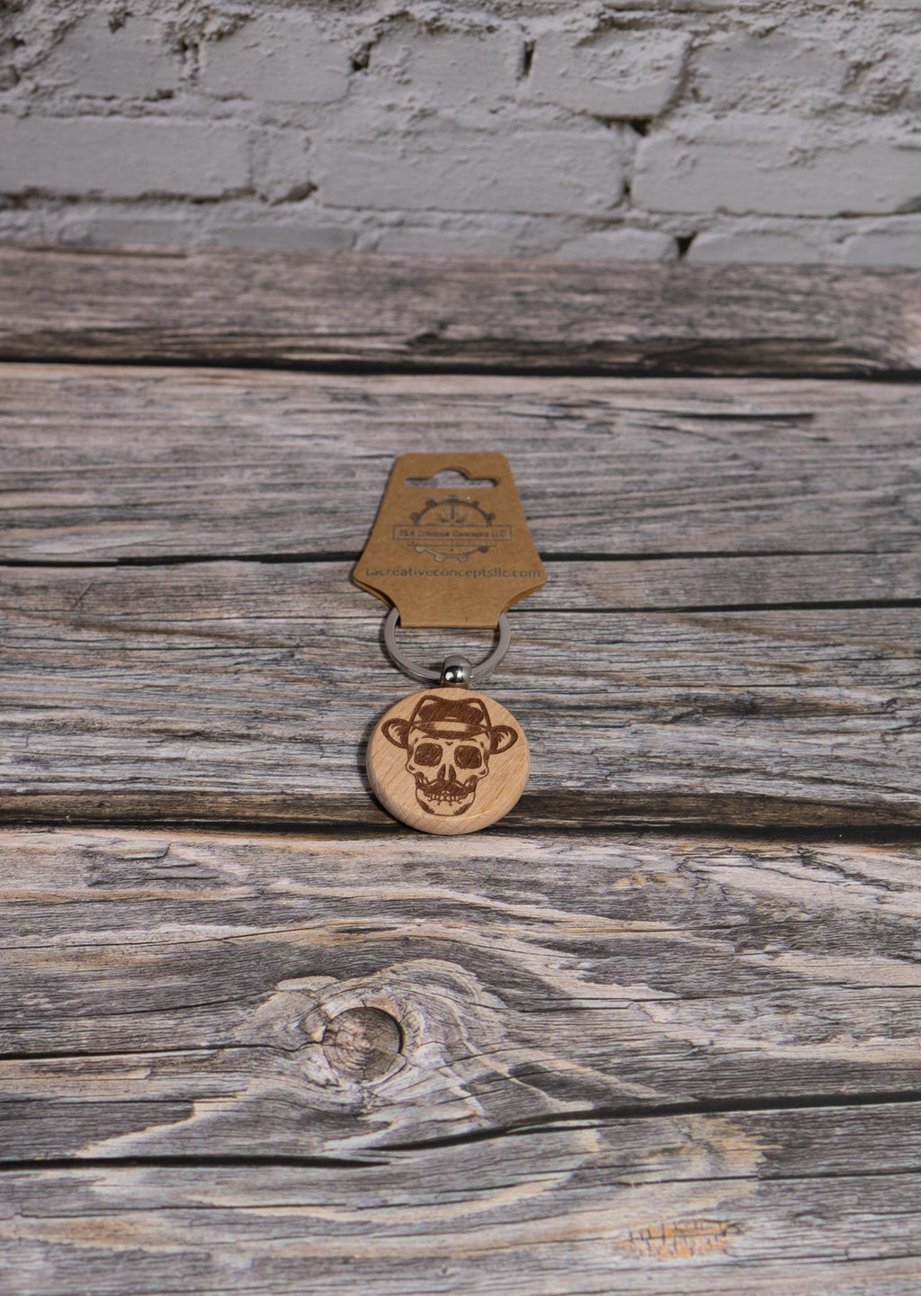 Laser engraved hardwood skull keychain / bag charm: fedora & mustache