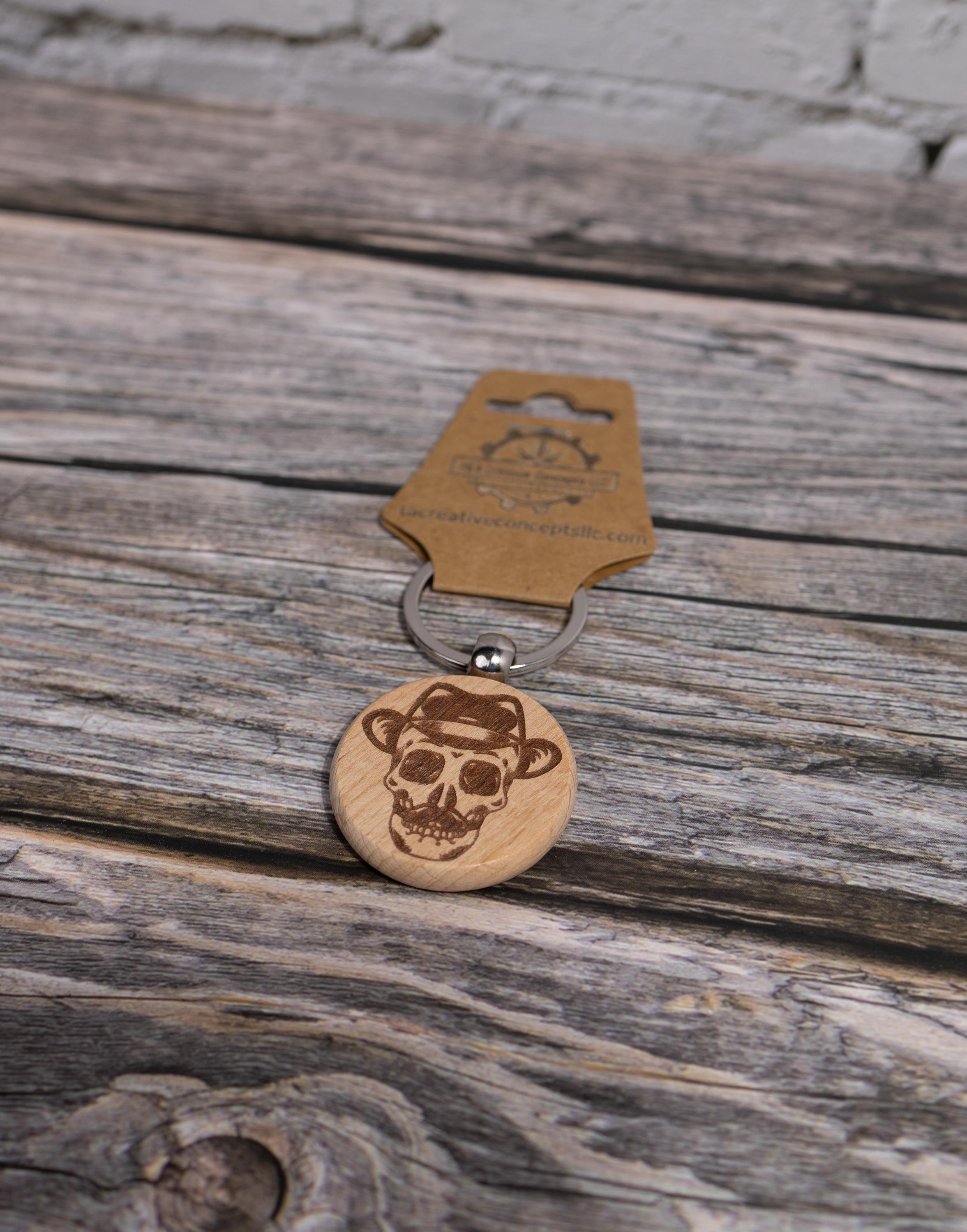 Laser engraved hardwood skull keychain / bag charm: fedora & mustache