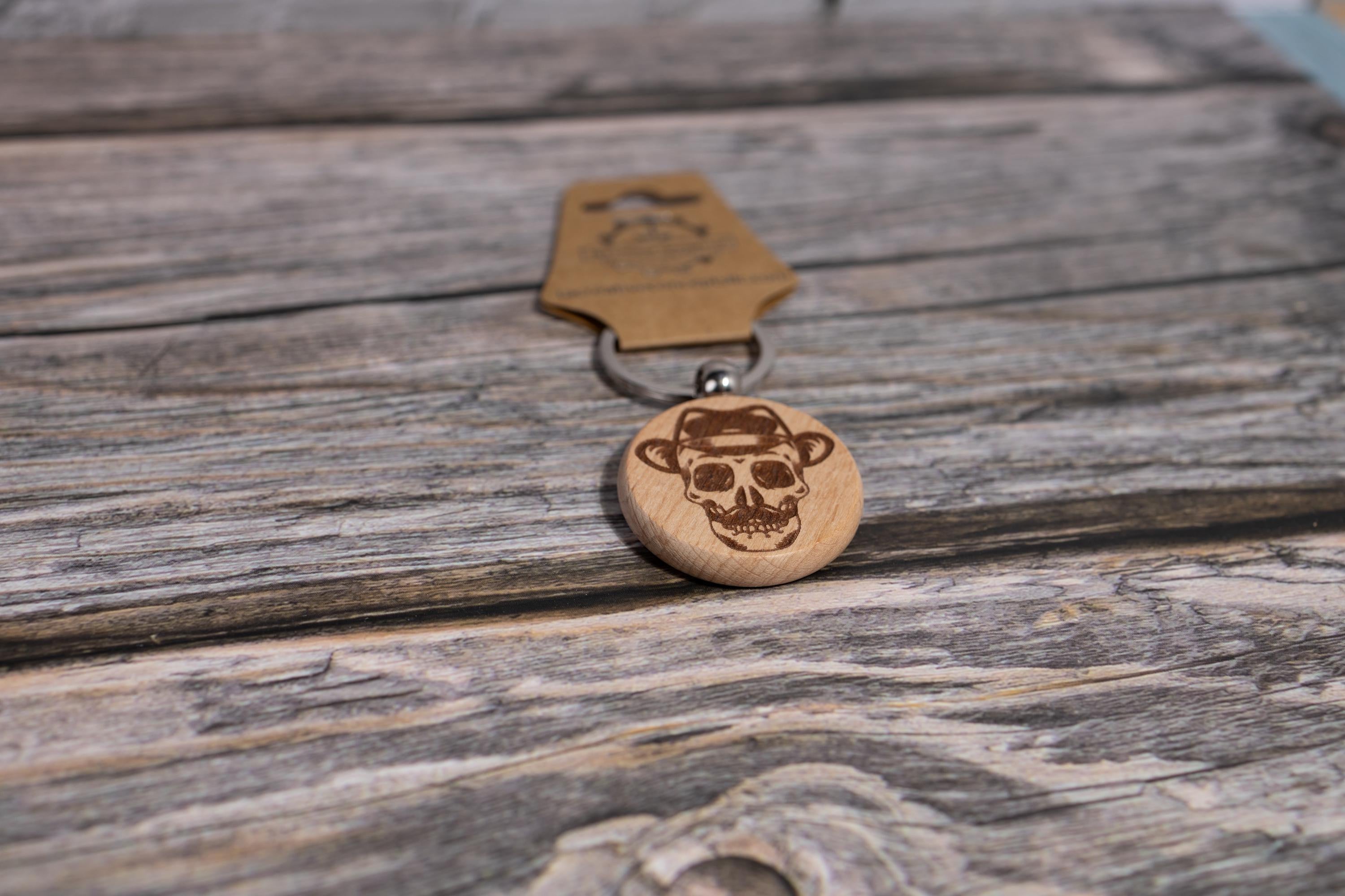 Laser engraved hardwood skull keychain / bag charm: fedora & mustache