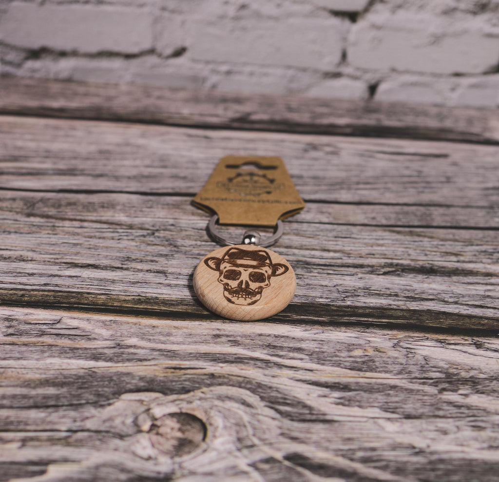 Laser engraved hardwood skull keychain / bag charm: fedora & mustache