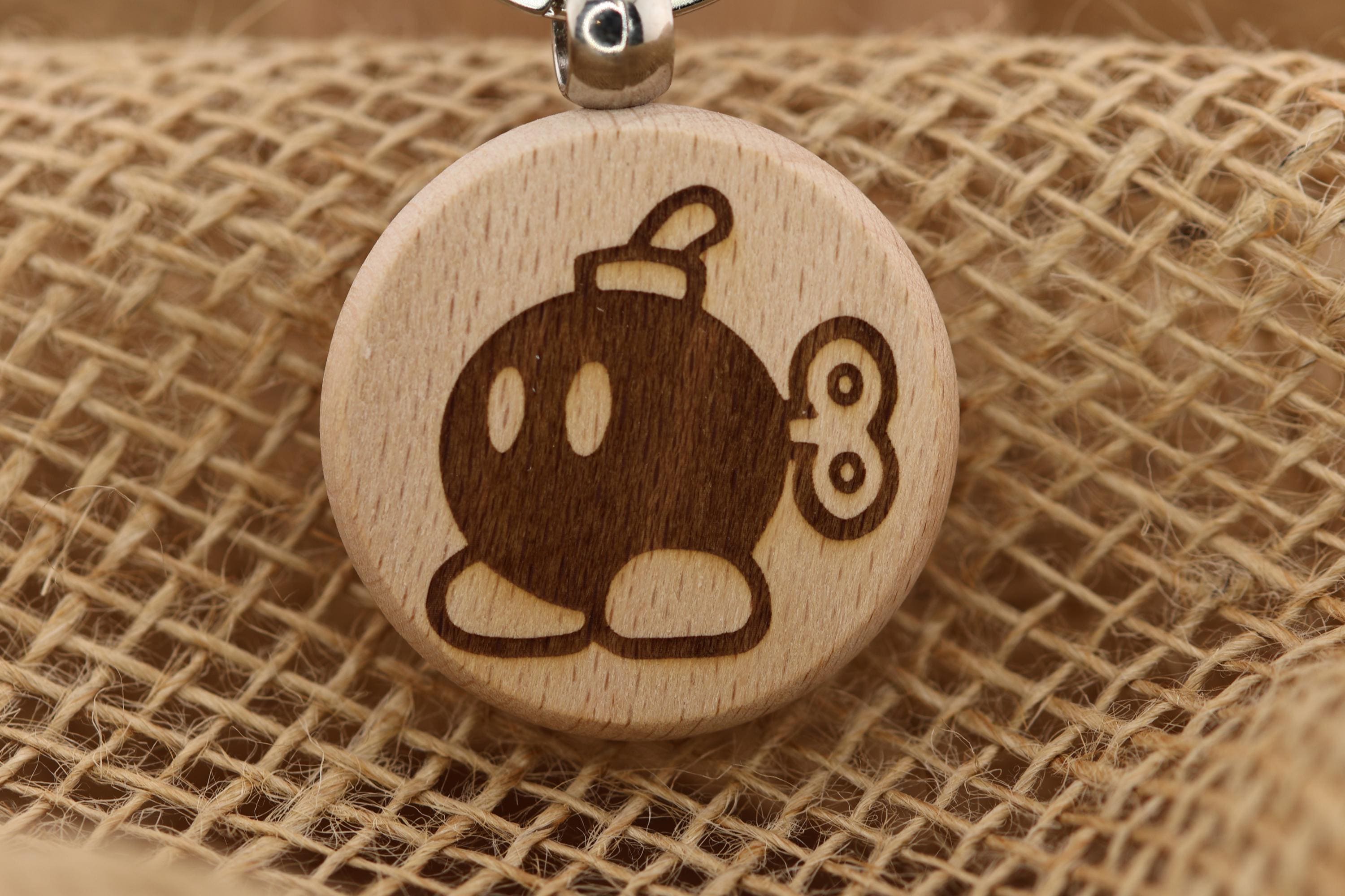 Hardwood Mario Bob-Omb Keychain / Bag Charm: laser engraved gamer gift
