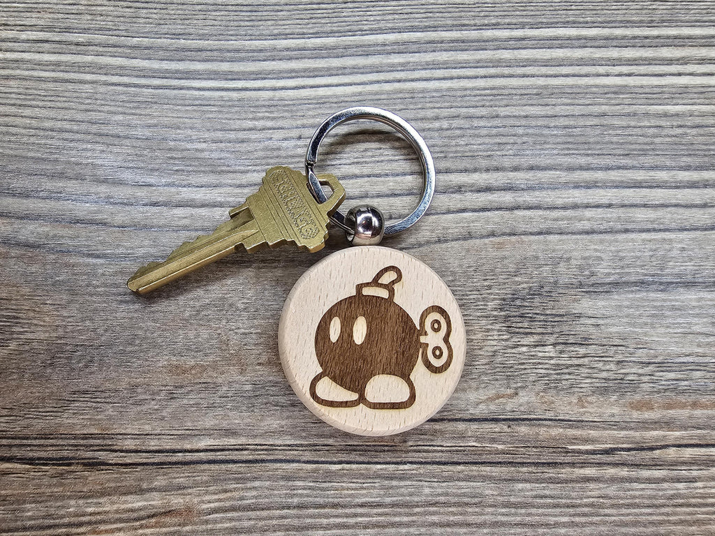 Hardwood Mario Bob-Omb Keychain / Bag Charm: laser engraved gamer gift