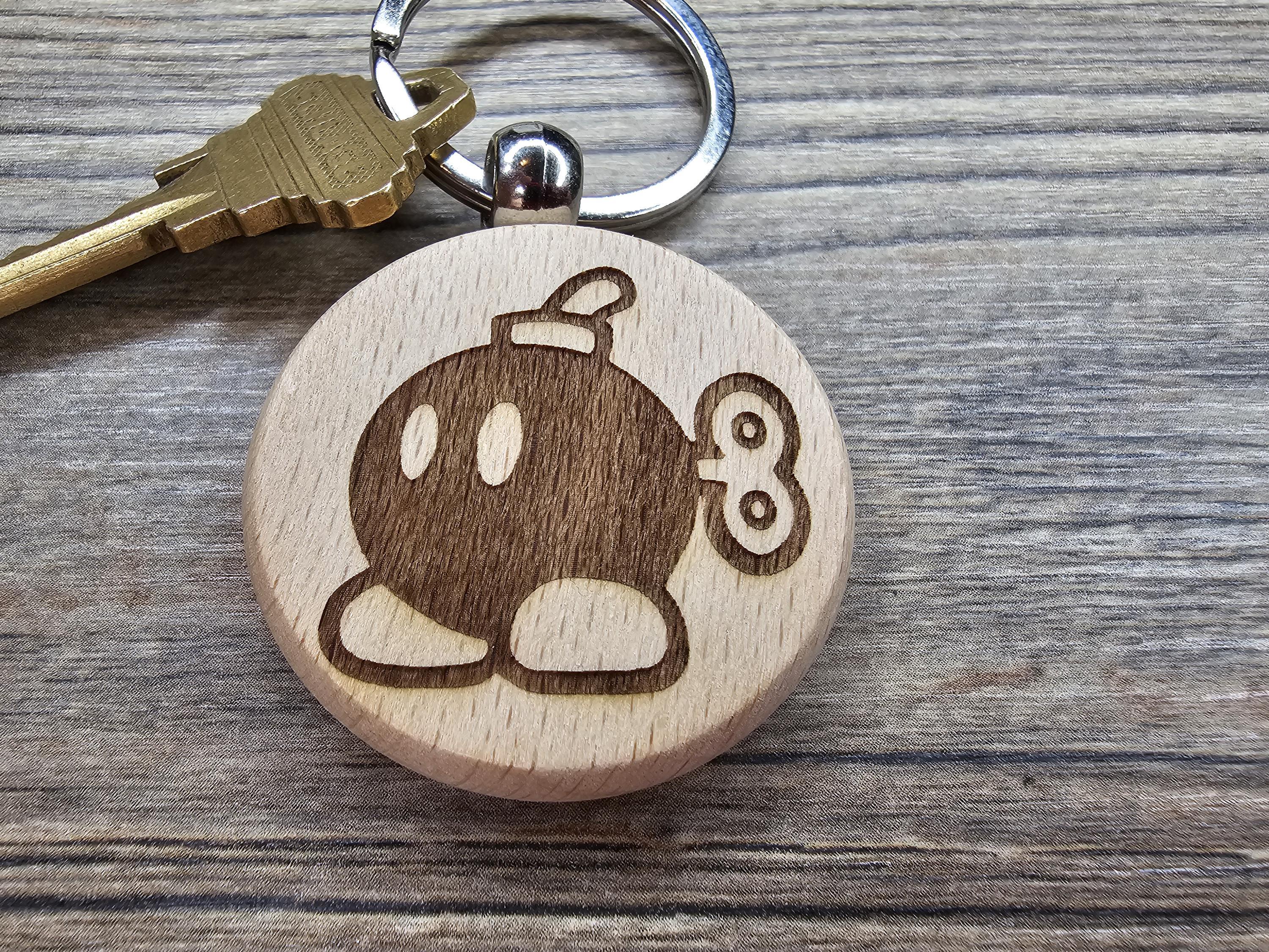 Hardwood Mario Bob-Omb Keychain / Bag Charm: laser engraved gamer gift