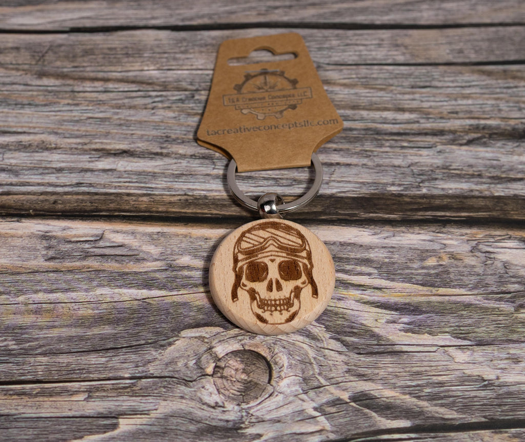 Motorcycle Skull keychain / bag charm: laser engraved hardwood, stainless steel keyring