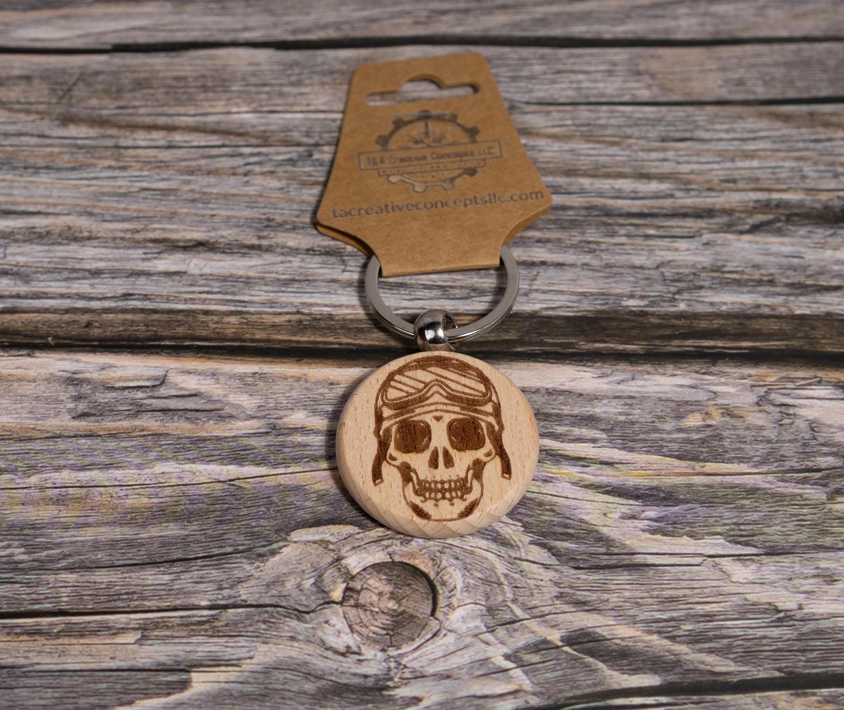 Motorcycle Skull keychain / bag charm: laser engraved hardwood, stainless steel keyring