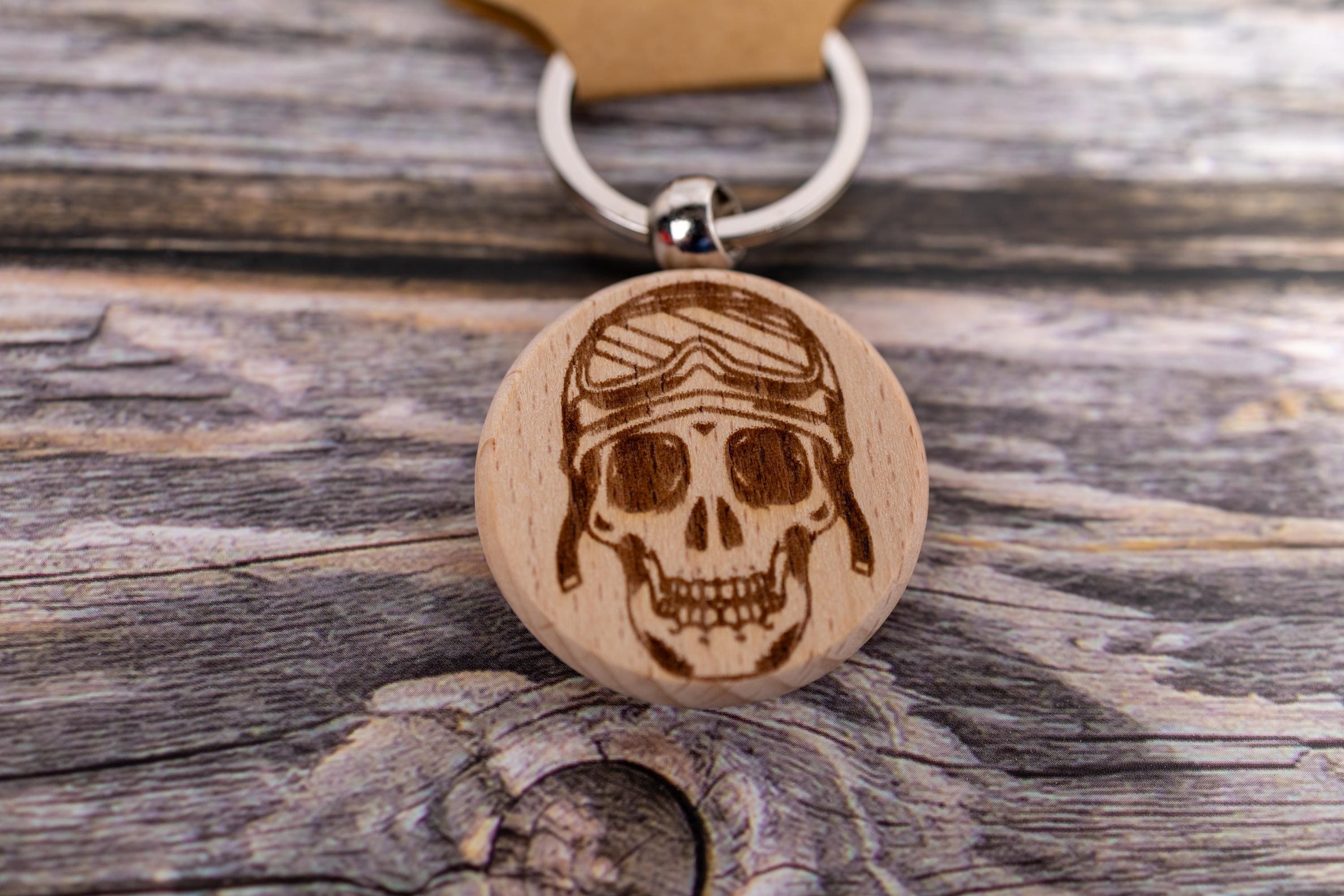 Motorcycle Skull keychain / bag charm: laser engraved hardwood, stainless steel keyring