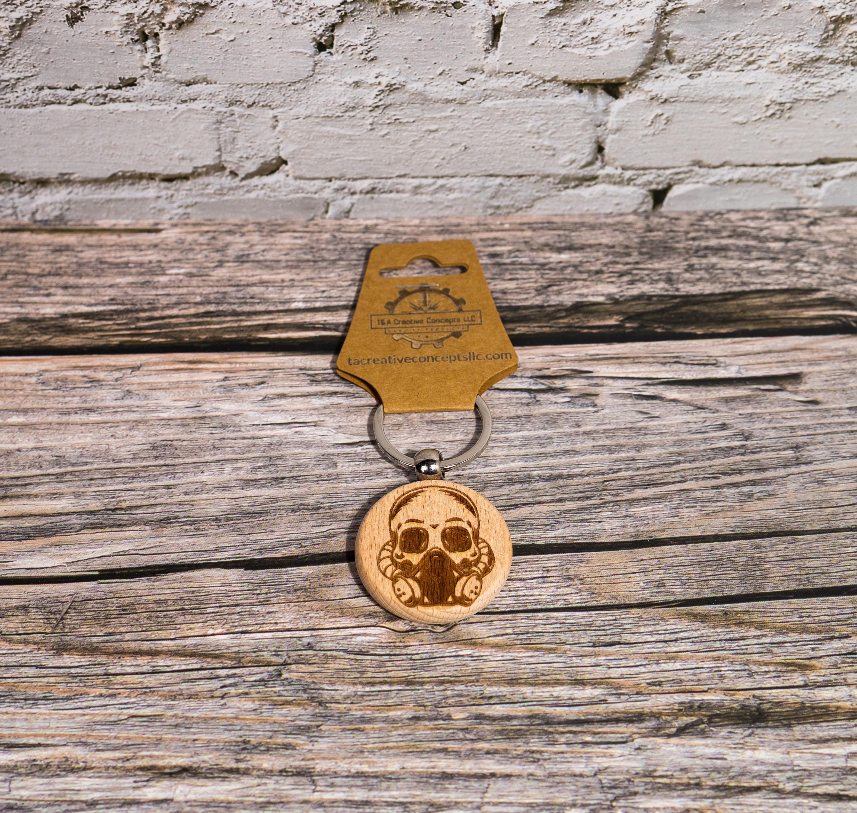 Gas mask skull keychain / bag charm: laser engraved hardwood, stainless steel keyring