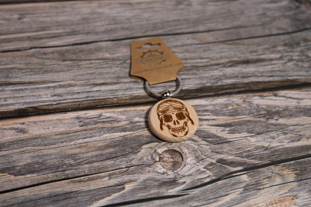 Motorcycle Skull keychain / bag charm: laser engraved hardwood, stainless steel keyring
