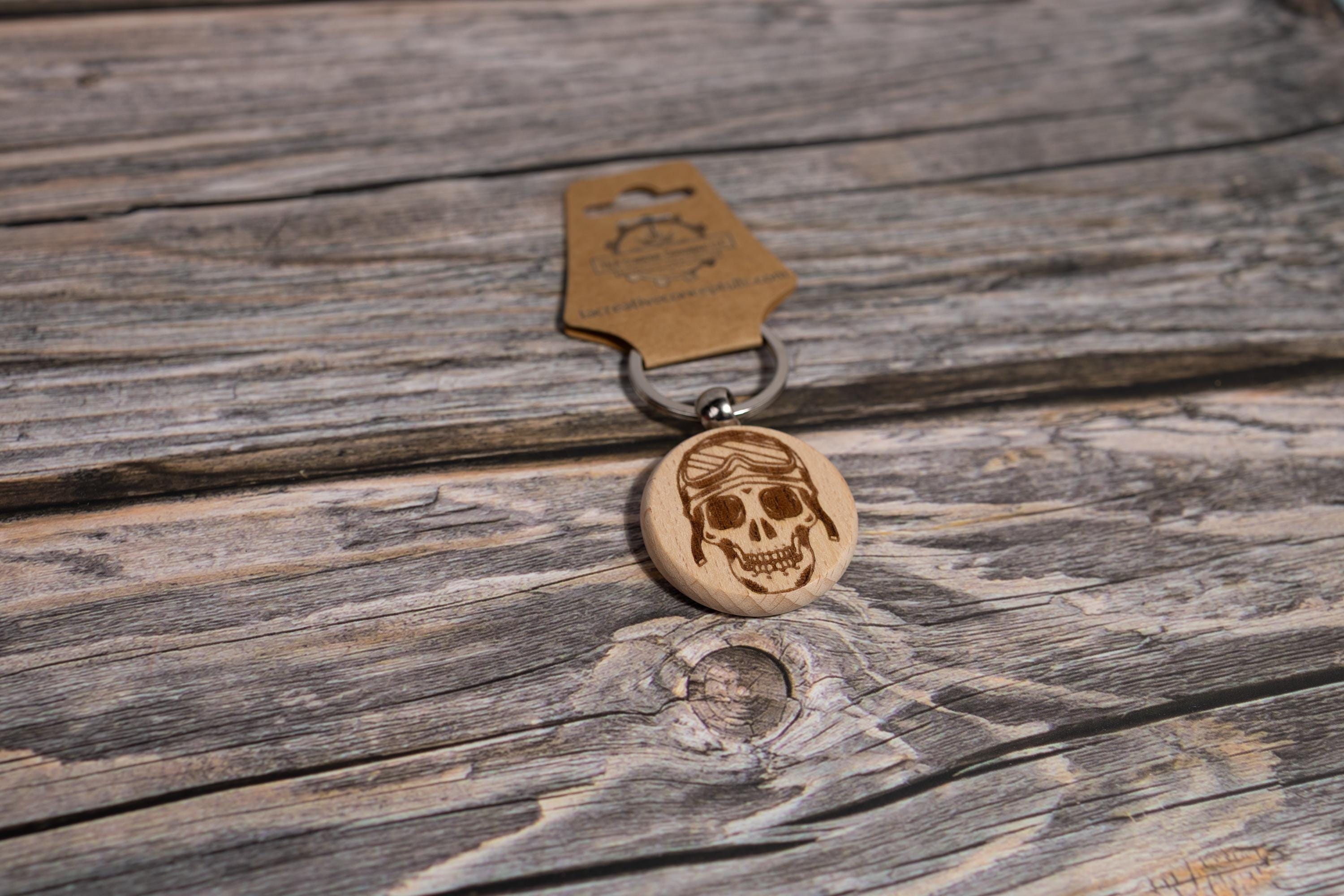 Motorcycle Skull keychain / bag charm: laser engraved hardwood, stainless steel keyring