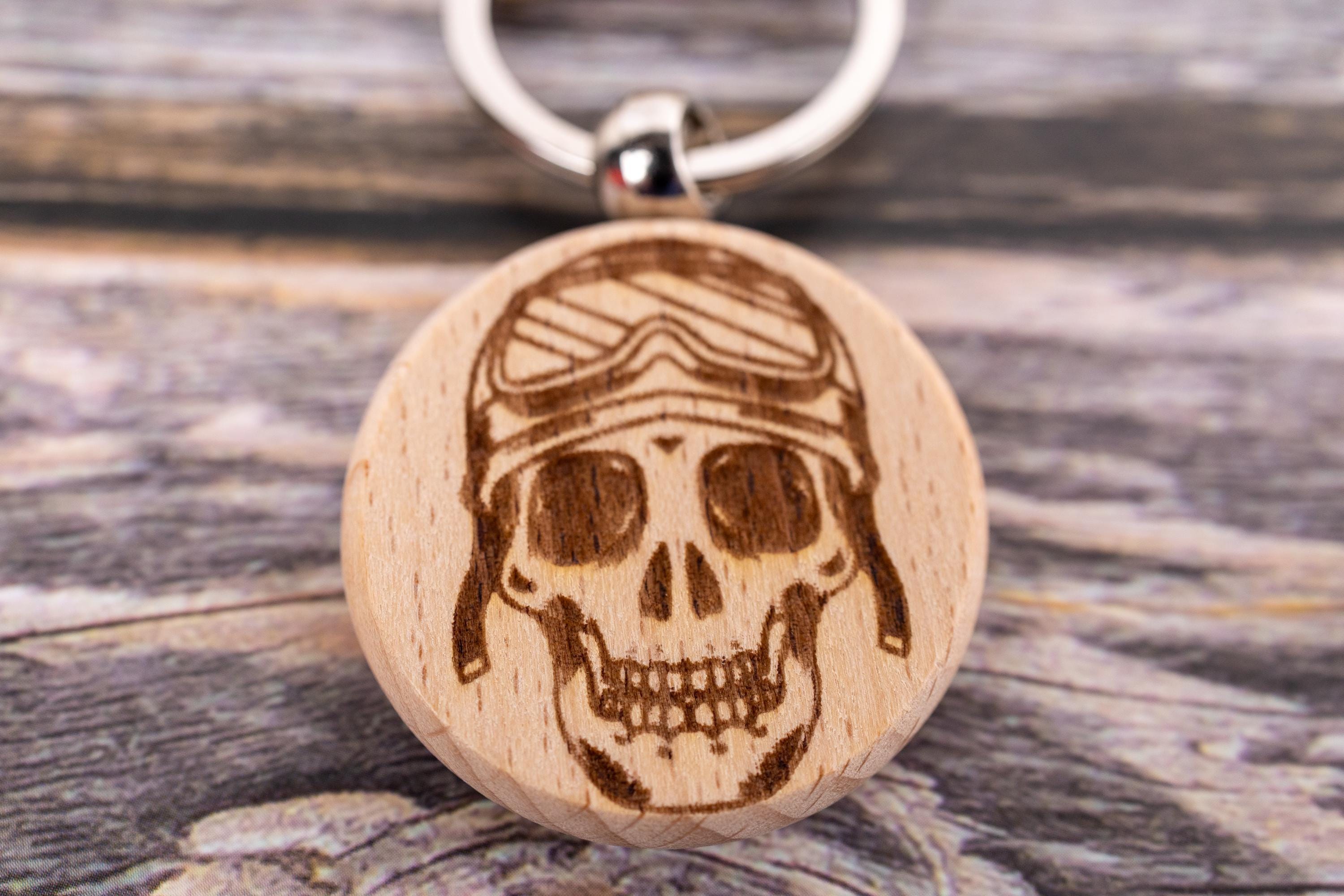Motorcycle Skull keychain / bag charm: laser engraved hardwood, stainless steel keyring