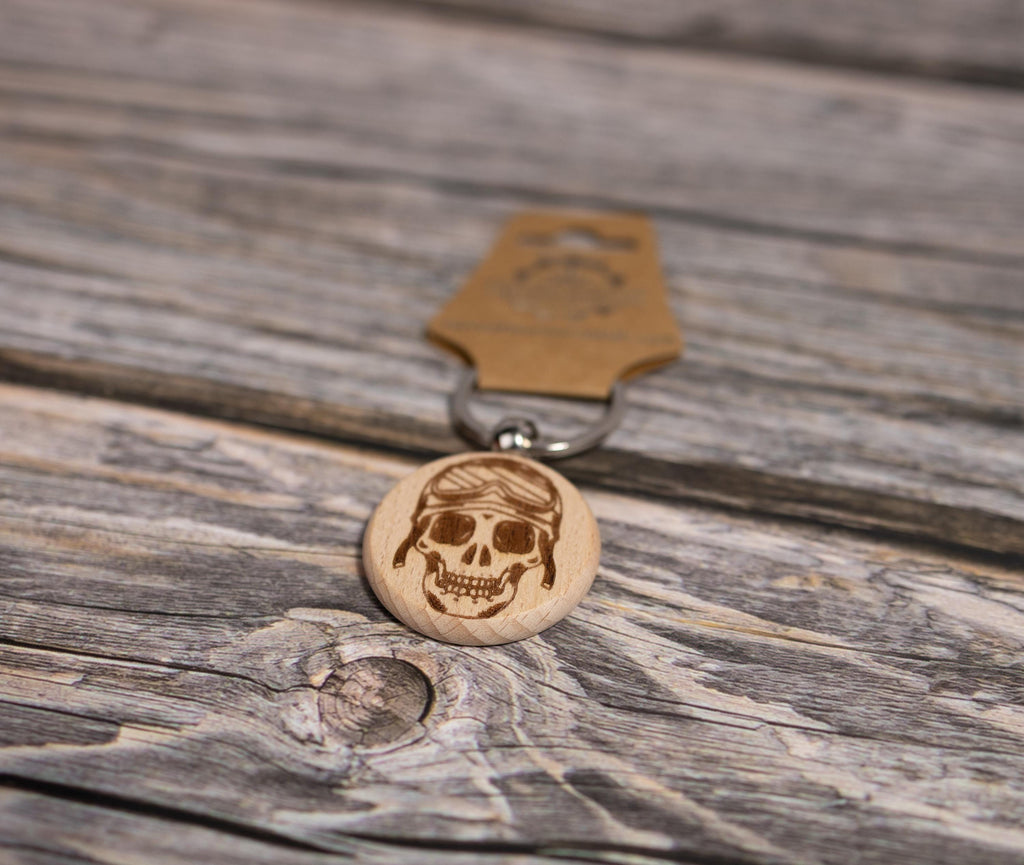 Motorcycle Skull keychain / bag charm: laser engraved hardwood, stainless steel keyring