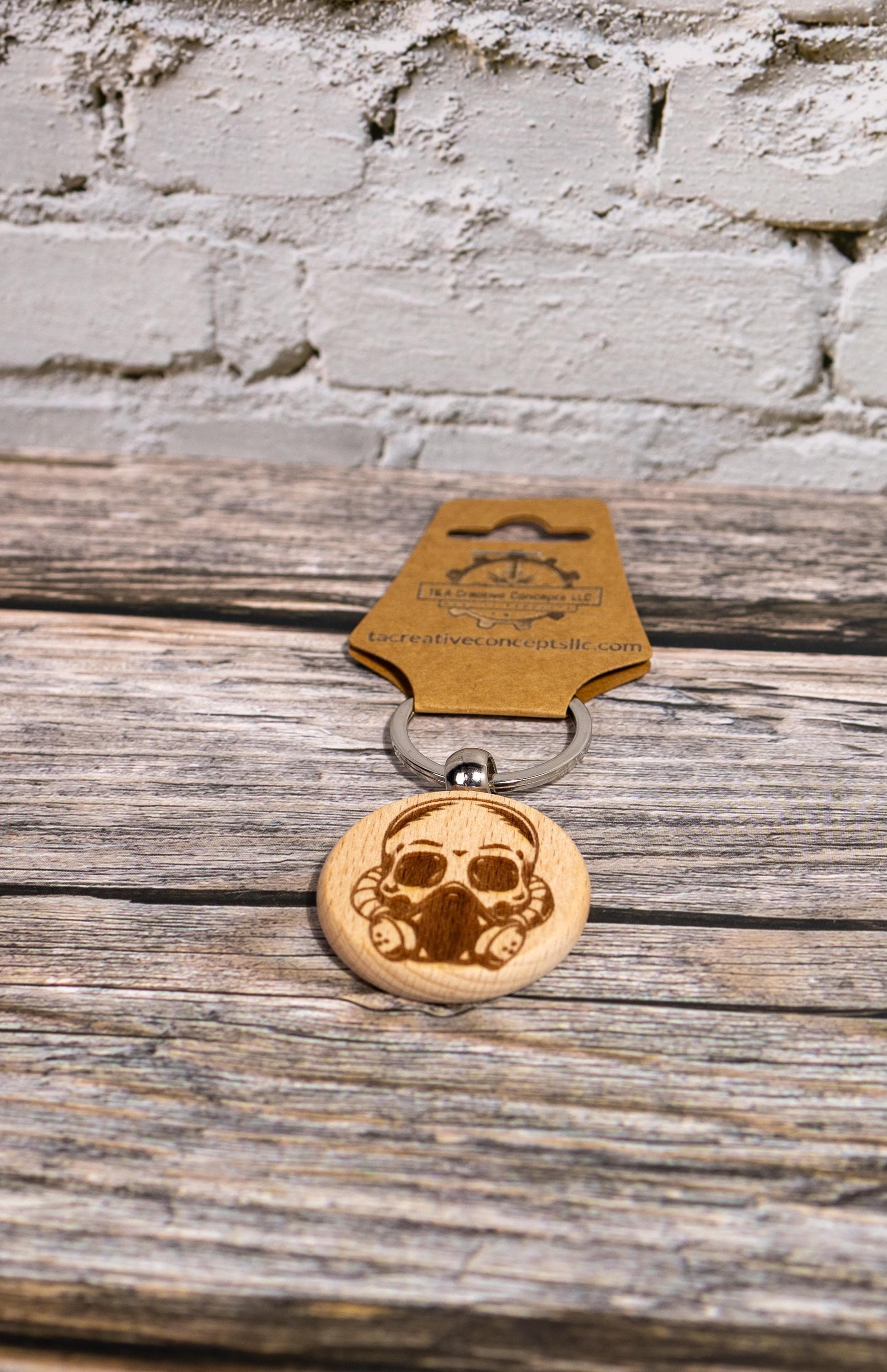 Gas mask skull keychain / bag charm: laser engraved hardwood, stainless steel keyring