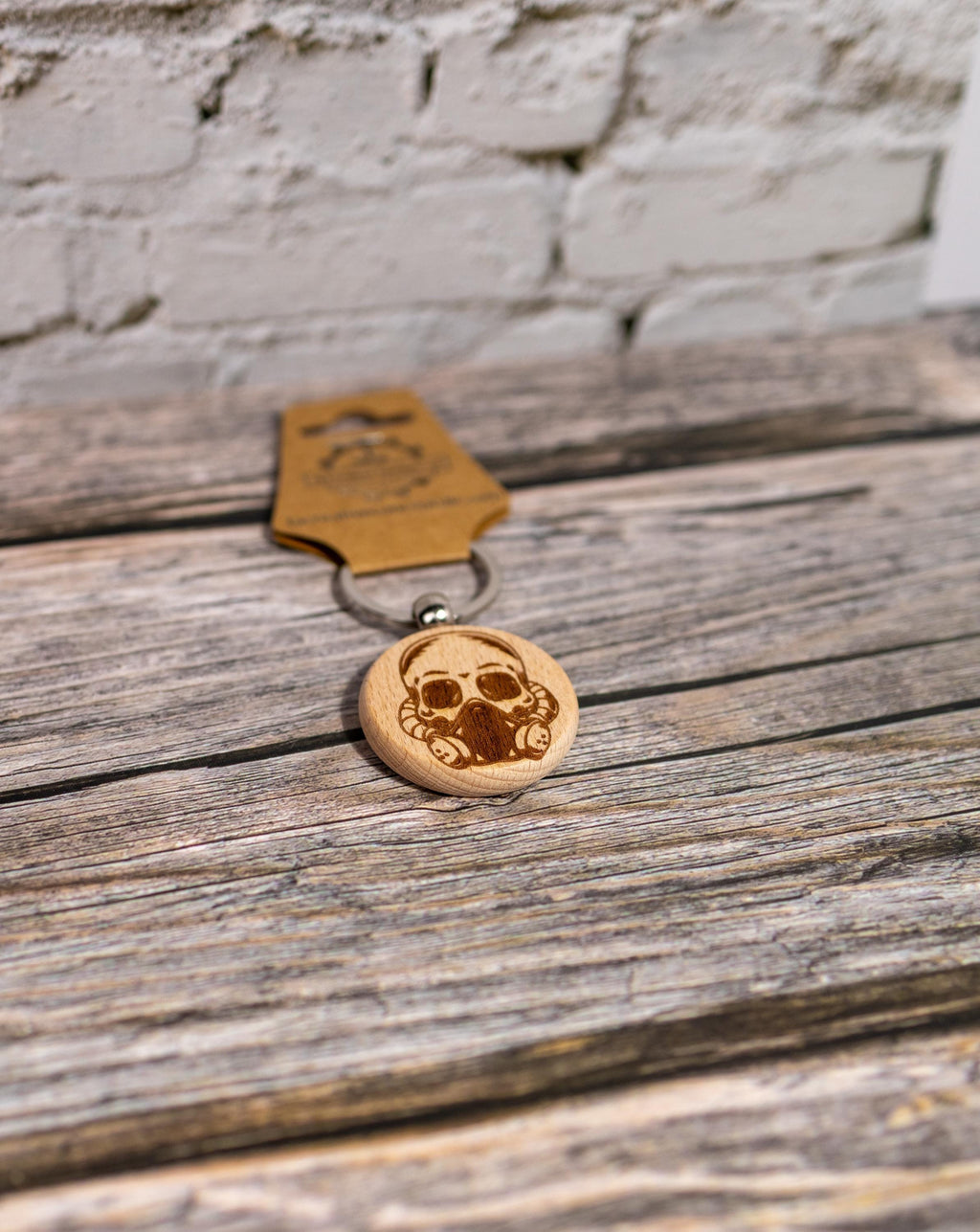 Gas mask skull keychain / bag charm: laser engraved hardwood, stainless steel keyring