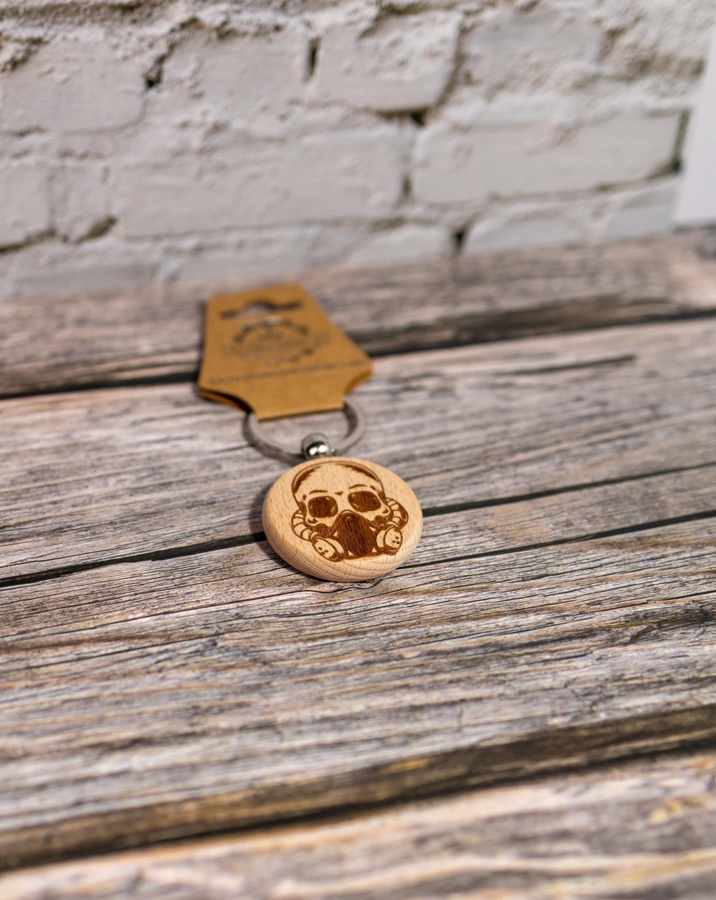 Gas mask skull keychain / bag charm: laser engraved hardwood, stainless steel keyring