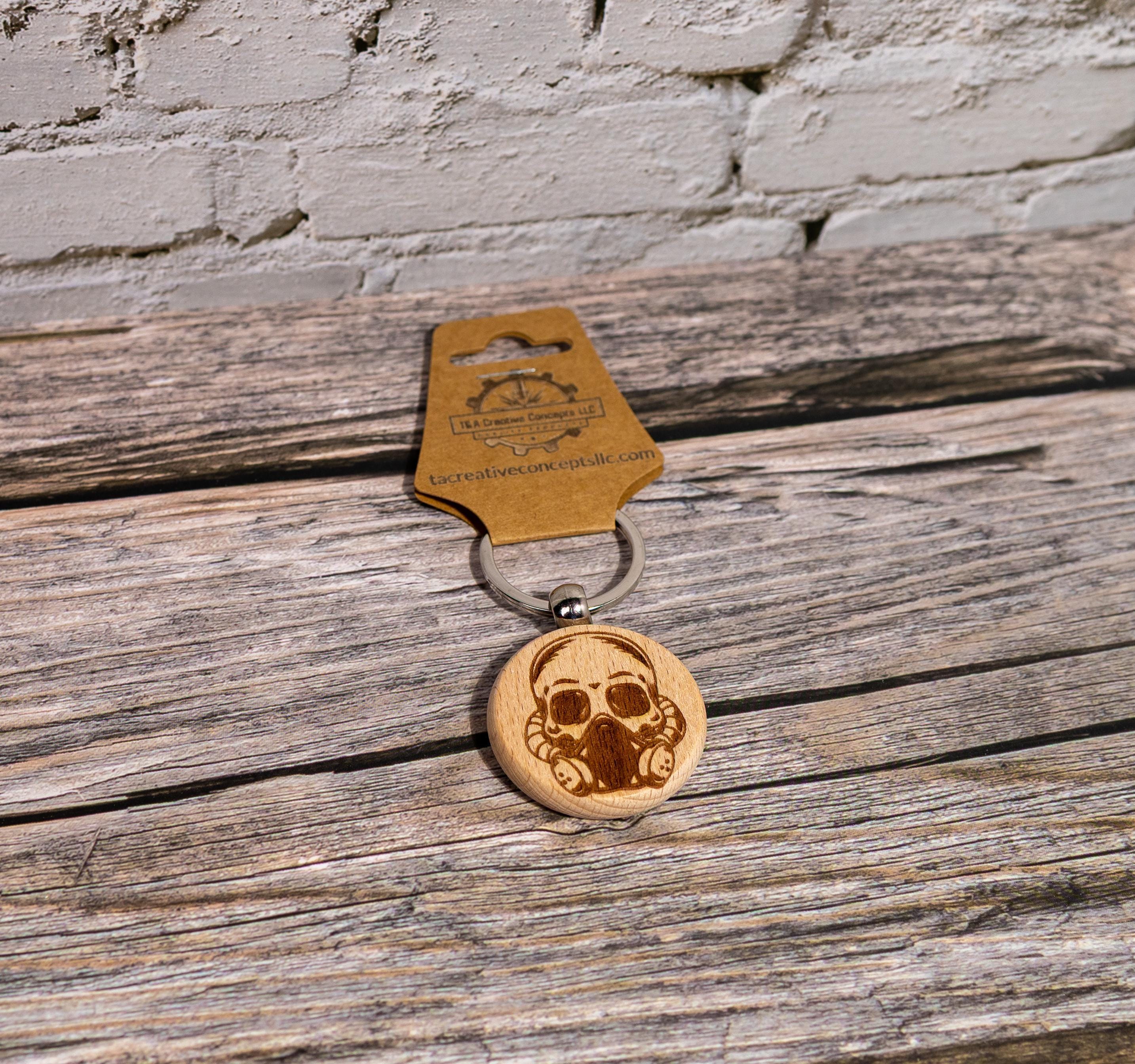 Gas mask skull keychain / bag charm: laser engraved hardwood, stainless steel keyring