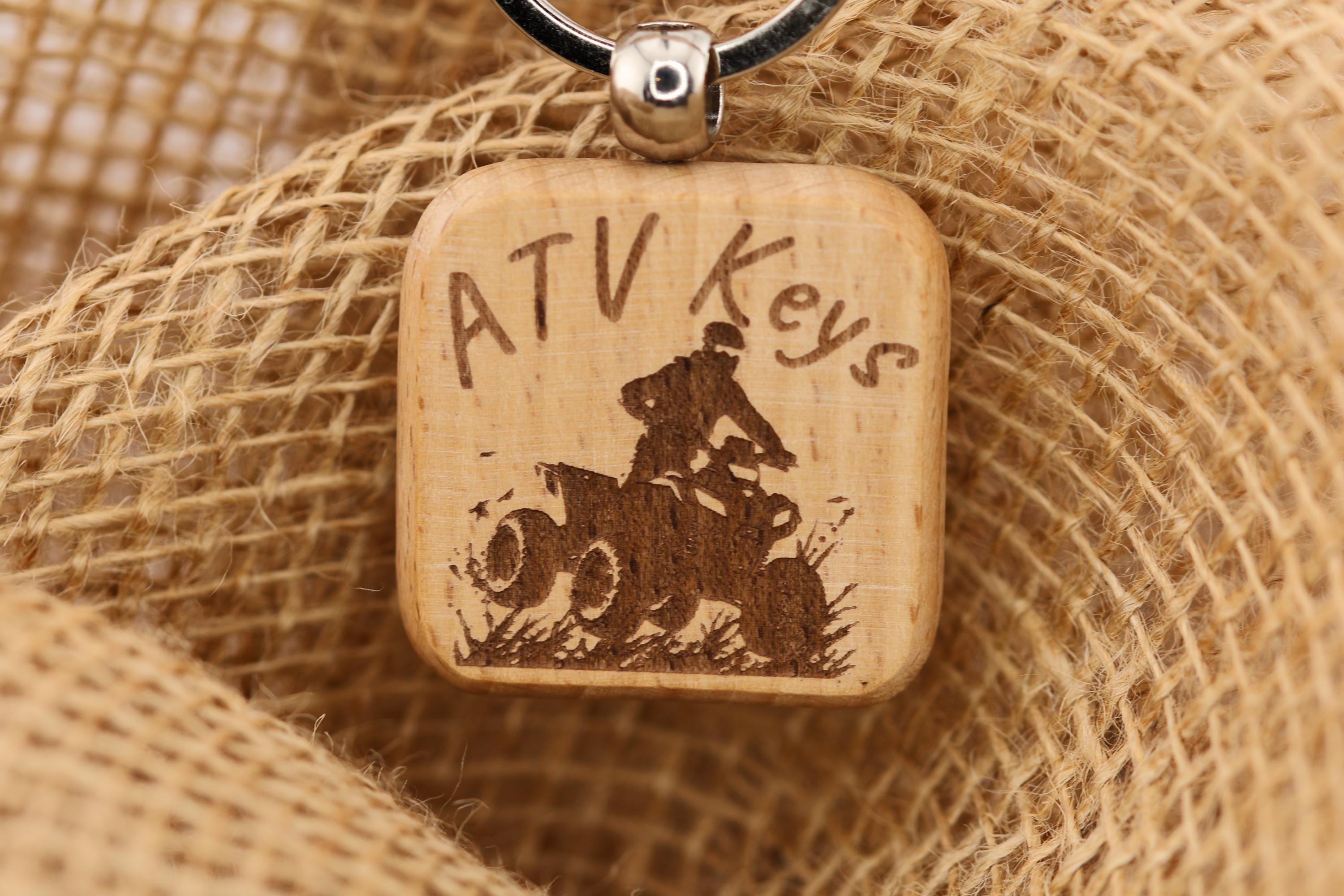 Laser engraved atv keys keychain: hardwood & stainless steel
