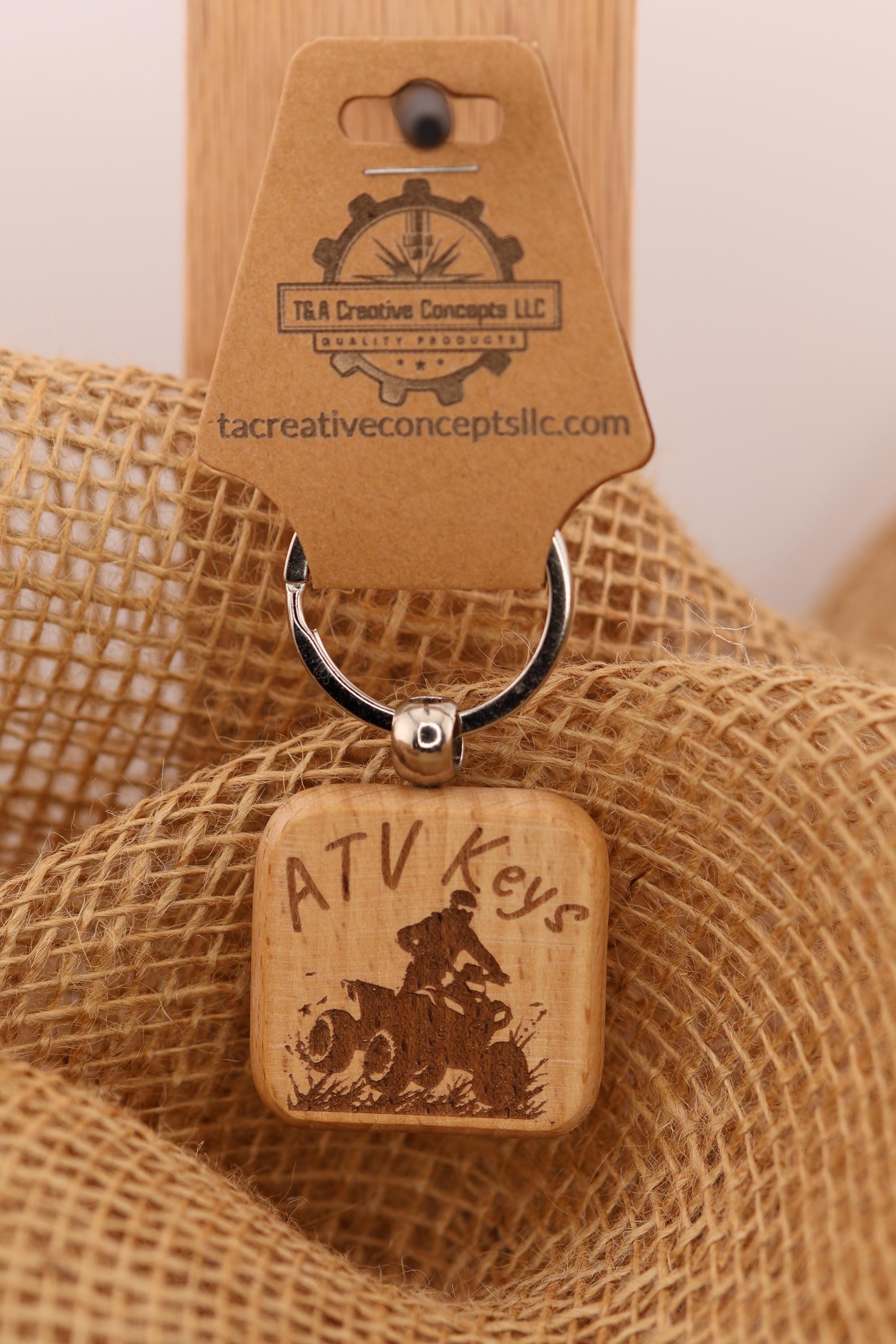 Laser engraved atv keys keychain: hardwood & stainless steel