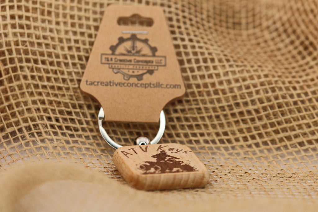 Laser engraved atv keys keychain: hardwood & stainless steel