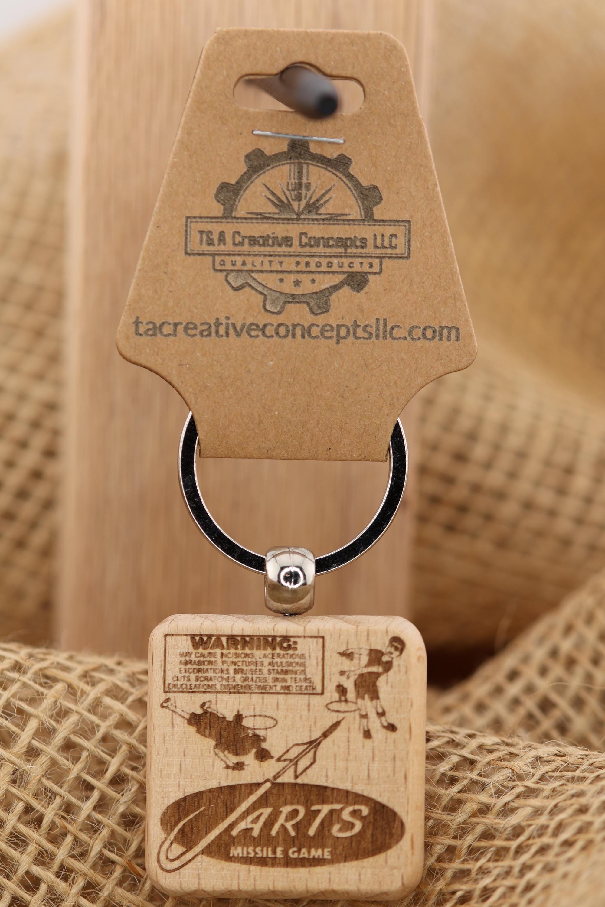 Jarts warning label keychain / bag charm: laser engraved wood, retro toy gift