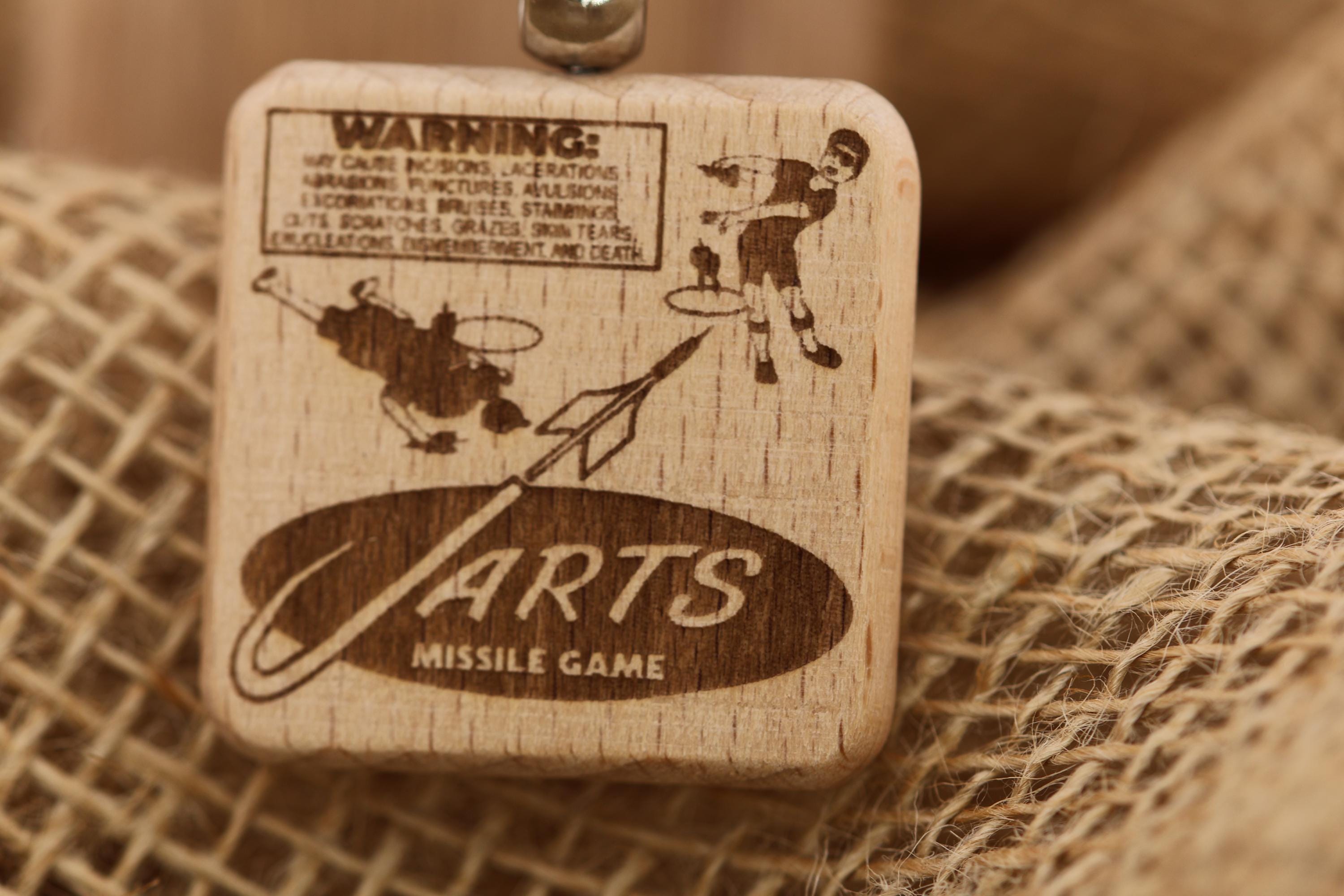 Jarts warning label keychain / bag charm: laser engraved wood, retro toy gift