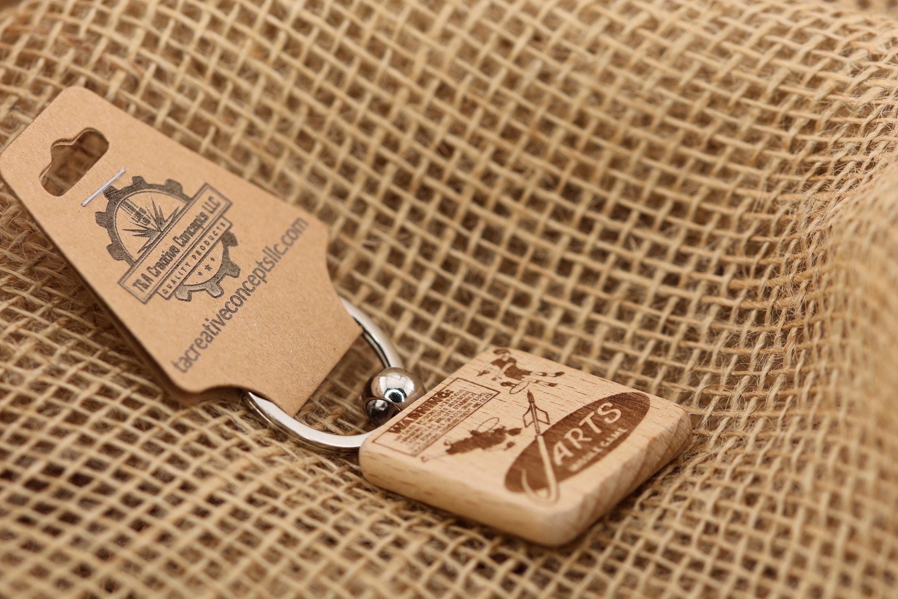 Jarts warning label keychain / bag charm: laser engraved wood, retro toy gift