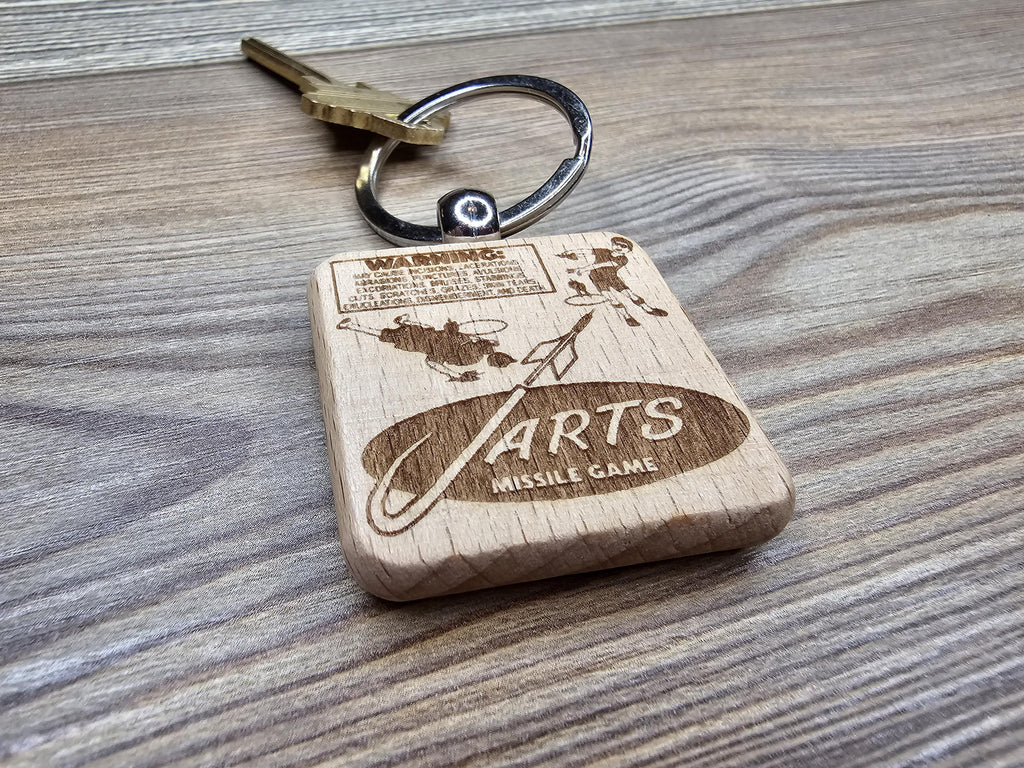 Jarts warning label keychain / bag charm: laser engraved wood, retro toy gift