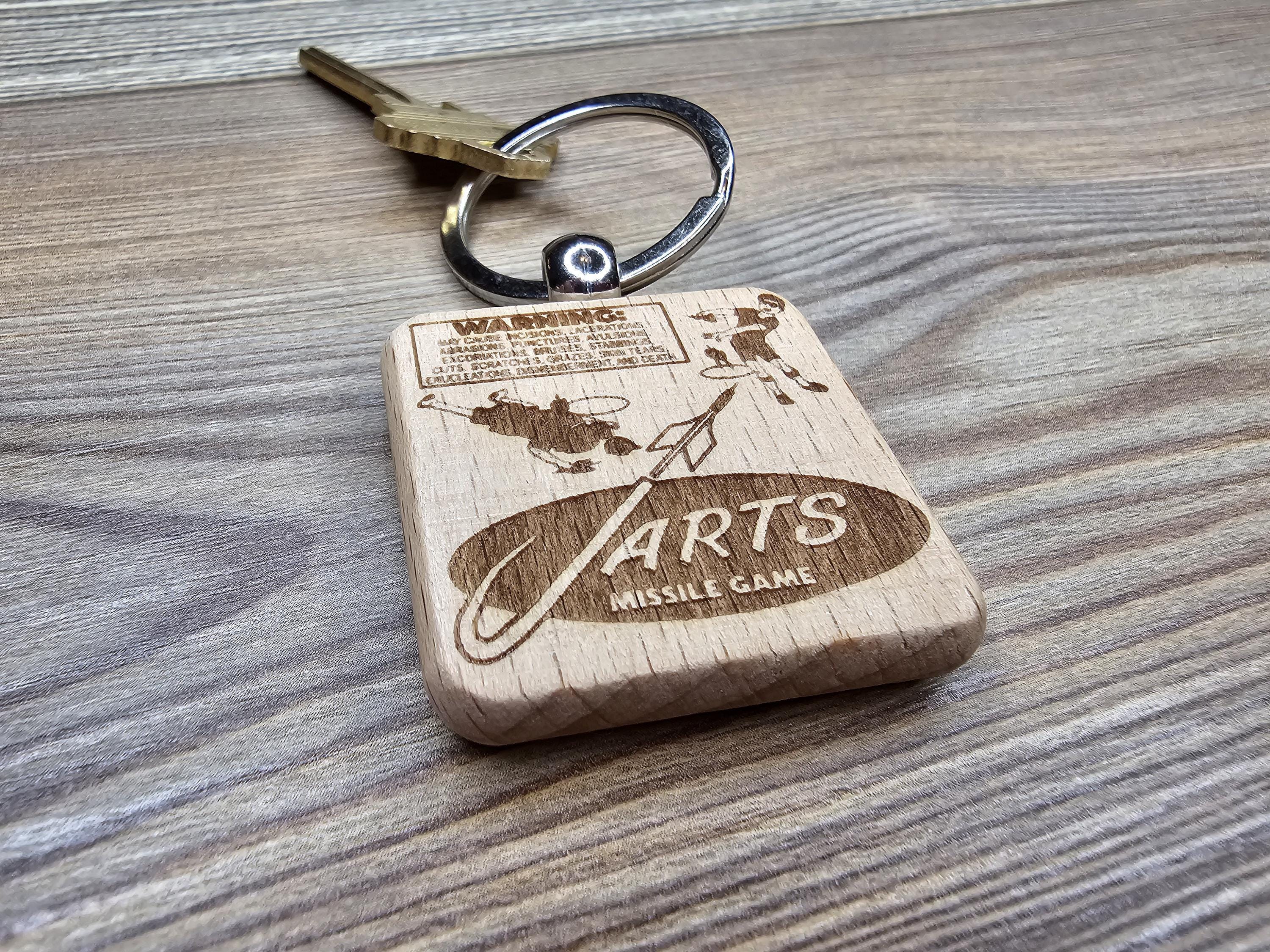 Jarts warning label keychain / bag charm: laser engraved wood, retro toy gift