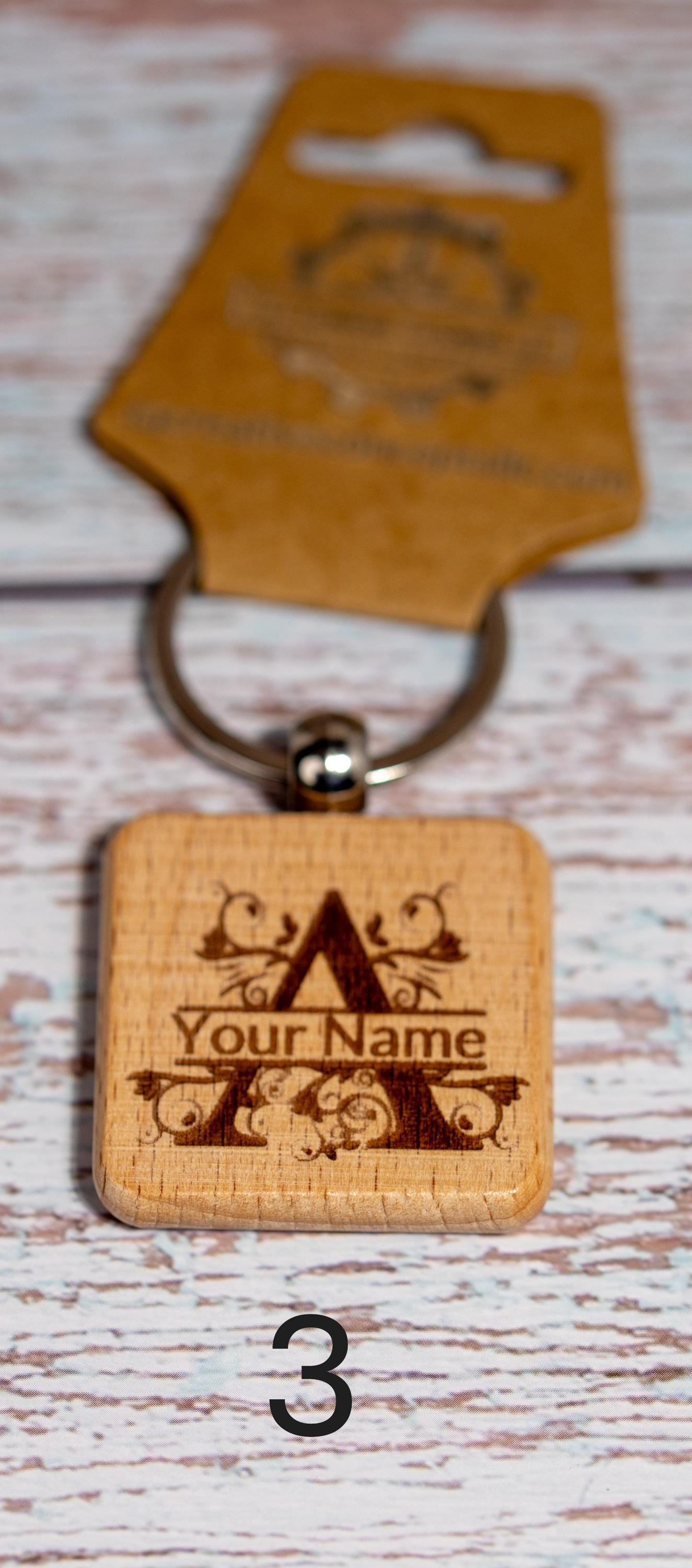 Laser engraved personalized monogram wood keychain | custom initial keyring | handmade rustic gift