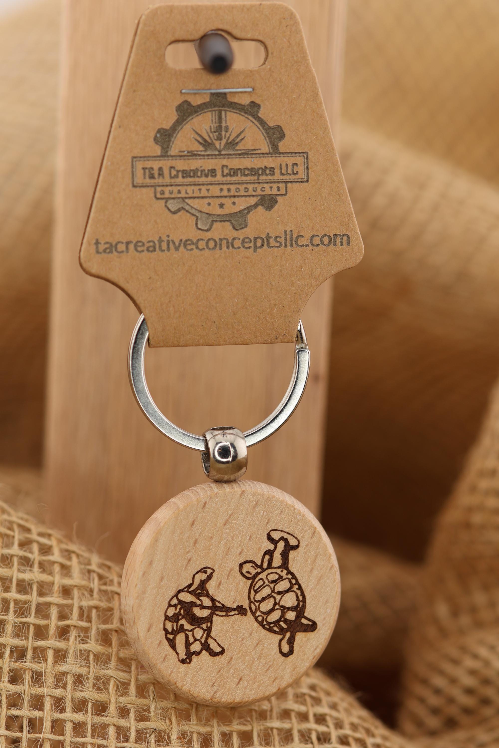 Grateful Dead dancing turtles keychain / bag charm– double-sided laser engraved wood with stainless steel keyring, fan gift.