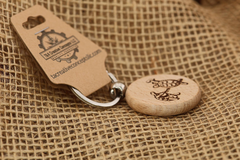 Grateful Dead dancing turtles keychain / bag charm– double-sided laser engraved wood with stainless steel keyring, fan gift.