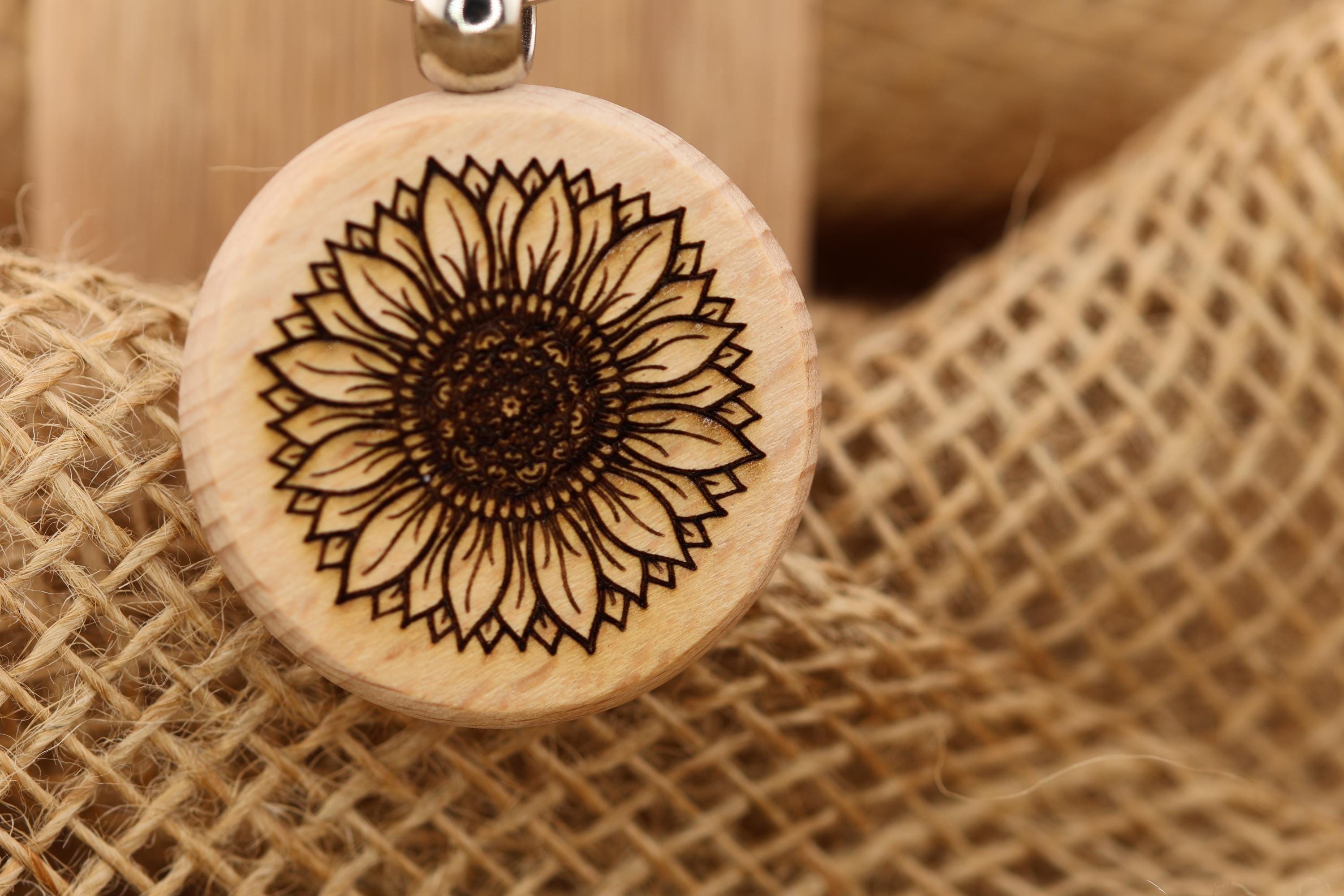Laser engraved sunflower keychain / bag charm: hardwood tattoo design, stainless steel keyring