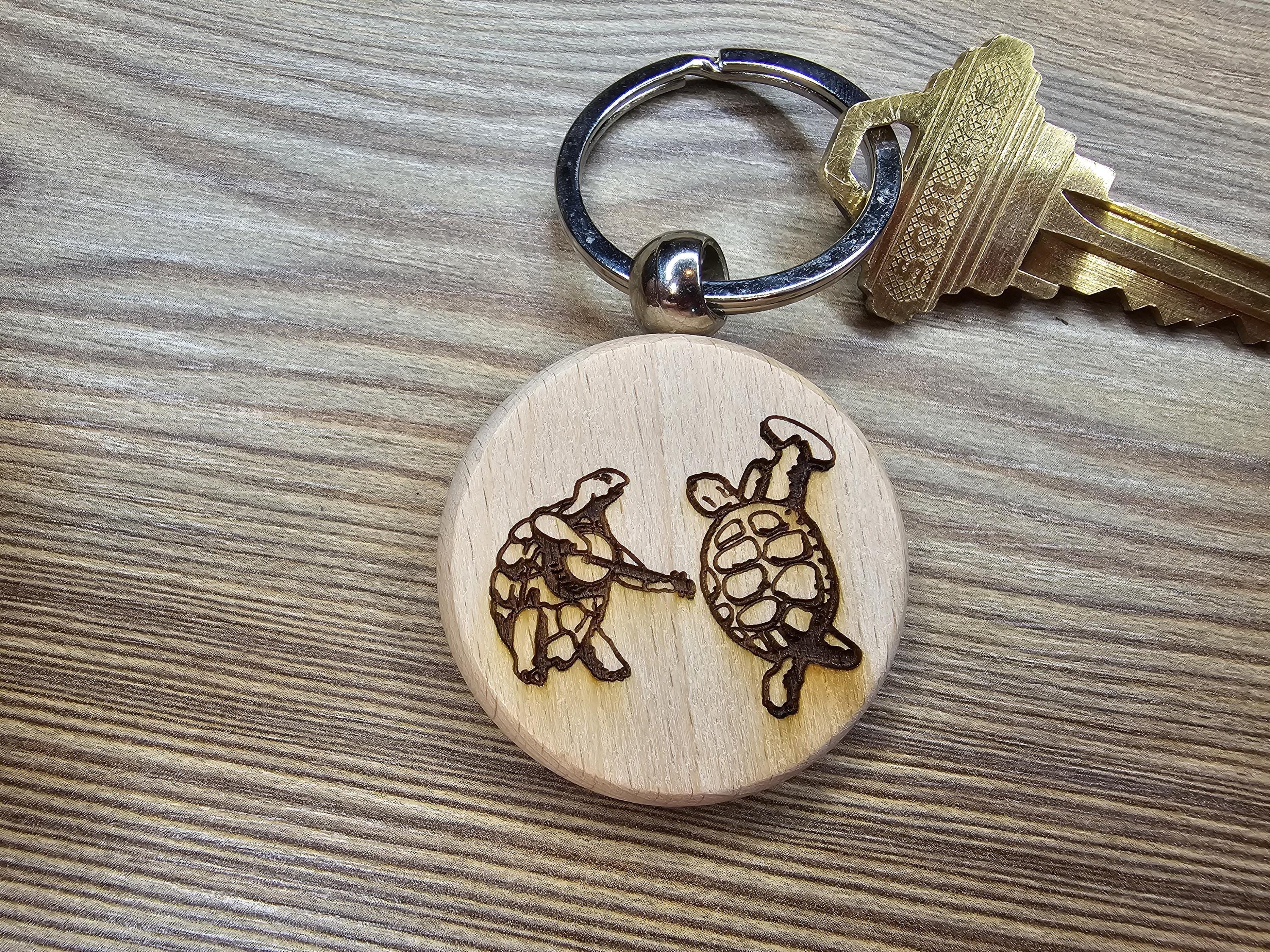Grateful Dead dancing turtles keychain / bag charm– double-sided laser engraved wood with stainless steel keyring, fan gift.
