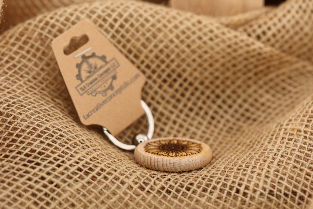 Laser engraved sunflower keychain / bag charm: hardwood tattoo design, stainless steel keyring