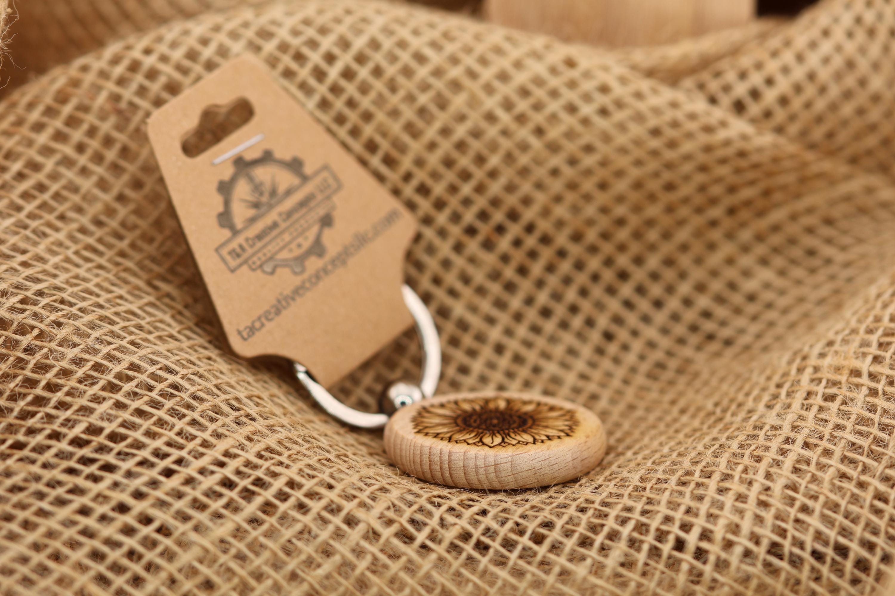 Laser engraved sunflower keychain / bag charm: hardwood tattoo design, stainless steel keyring