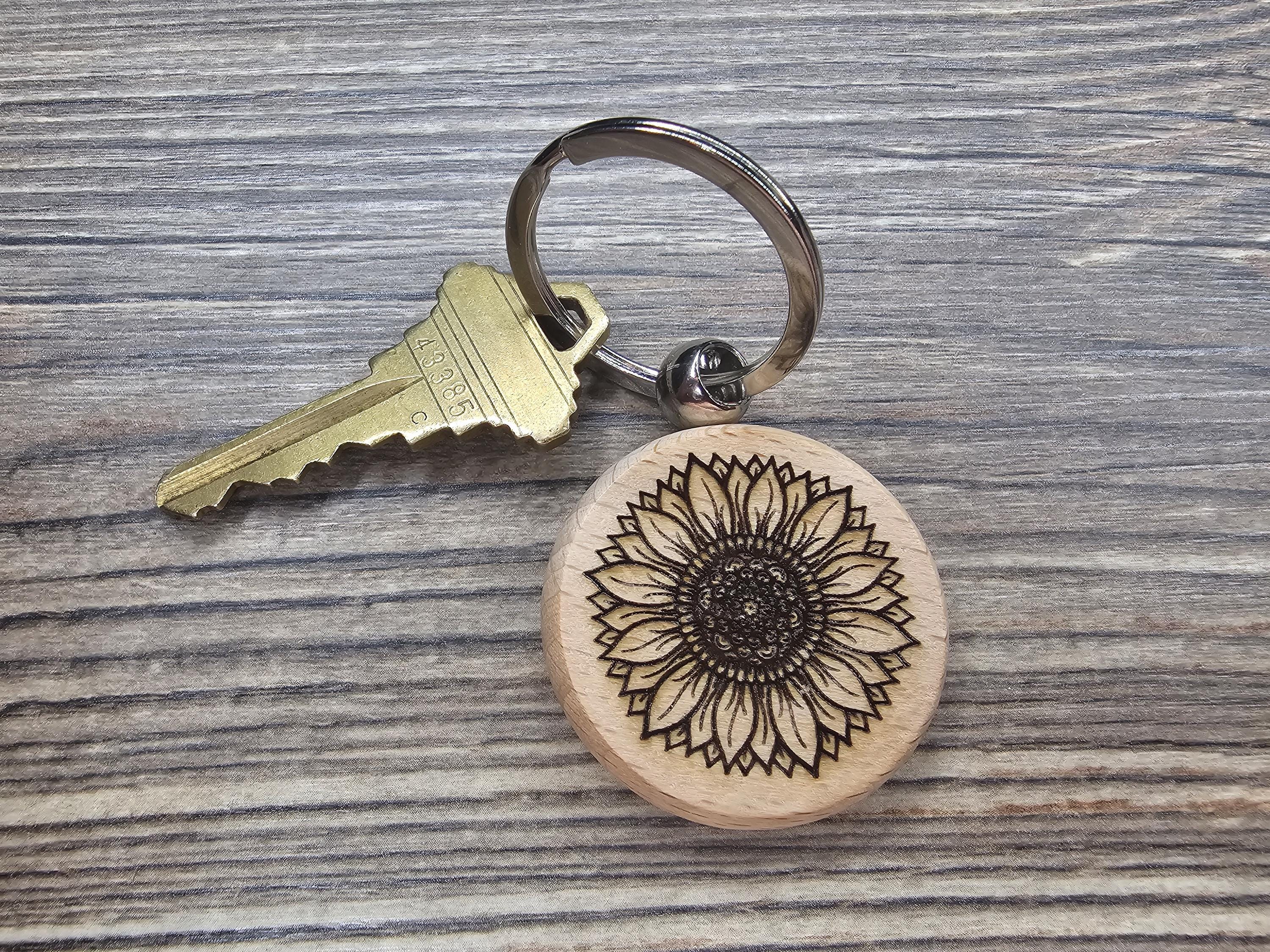 Laser engraved sunflower keychain / bag charm: hardwood tattoo design, stainless steel keyring