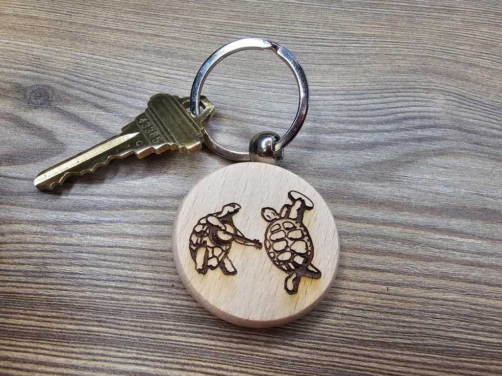 Grateful Dead dancing turtles keychain / bag charm– double-sided laser engraved wood with stainless steel keyring, fan gift.