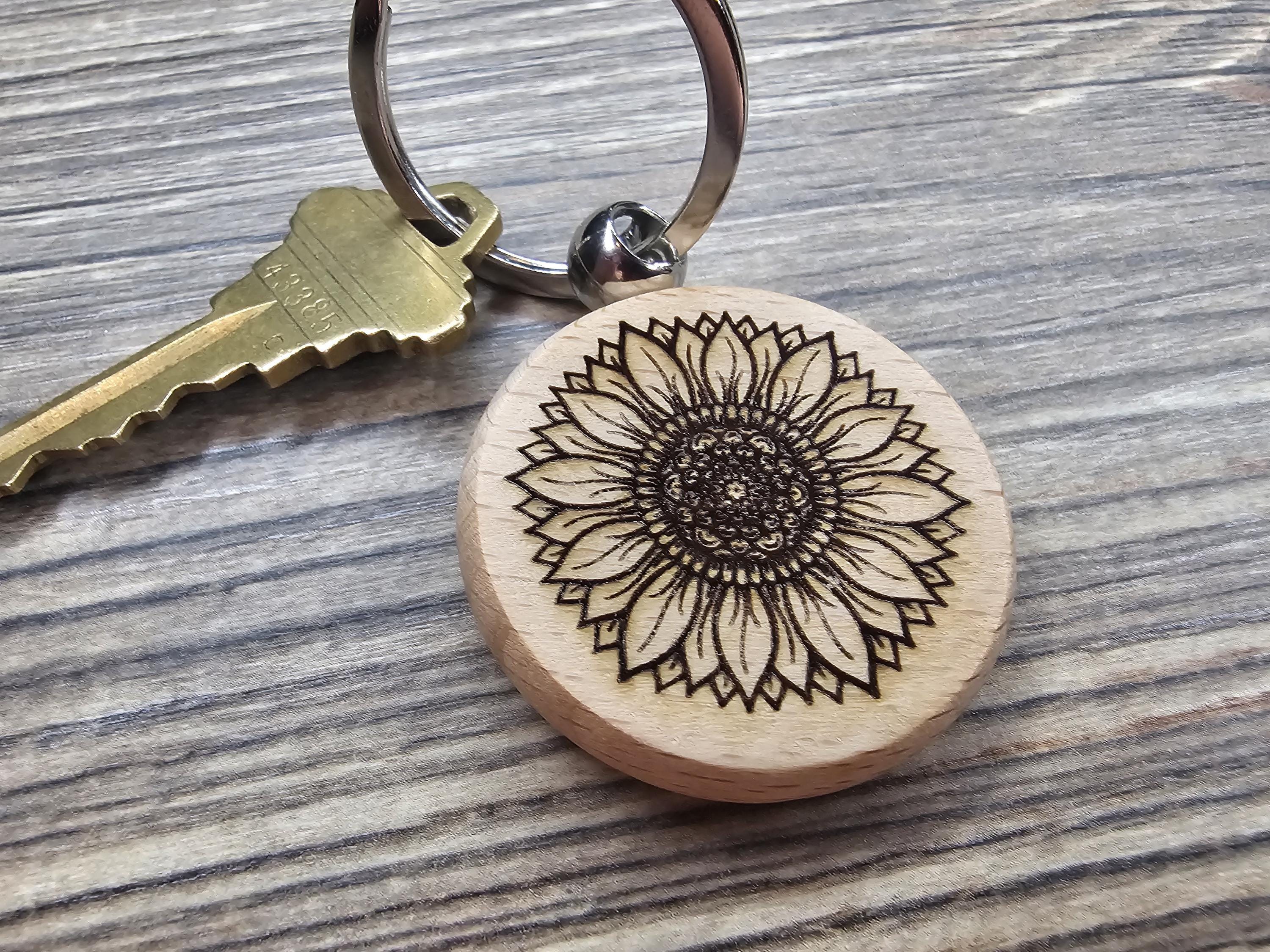 Laser engraved sunflower keychain / bag charm: hardwood tattoo design, stainless steel keyring