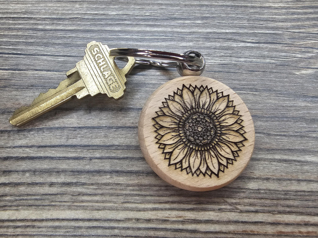 Laser engraved sunflower keychain / bag charm: hardwood tattoo design, stainless steel keyring