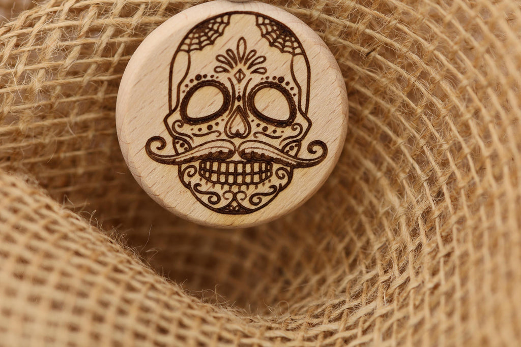 Sugar Skull keychain / bag charm – double-sided laser engraved wood with stainless steel keyring, day of the dead gift