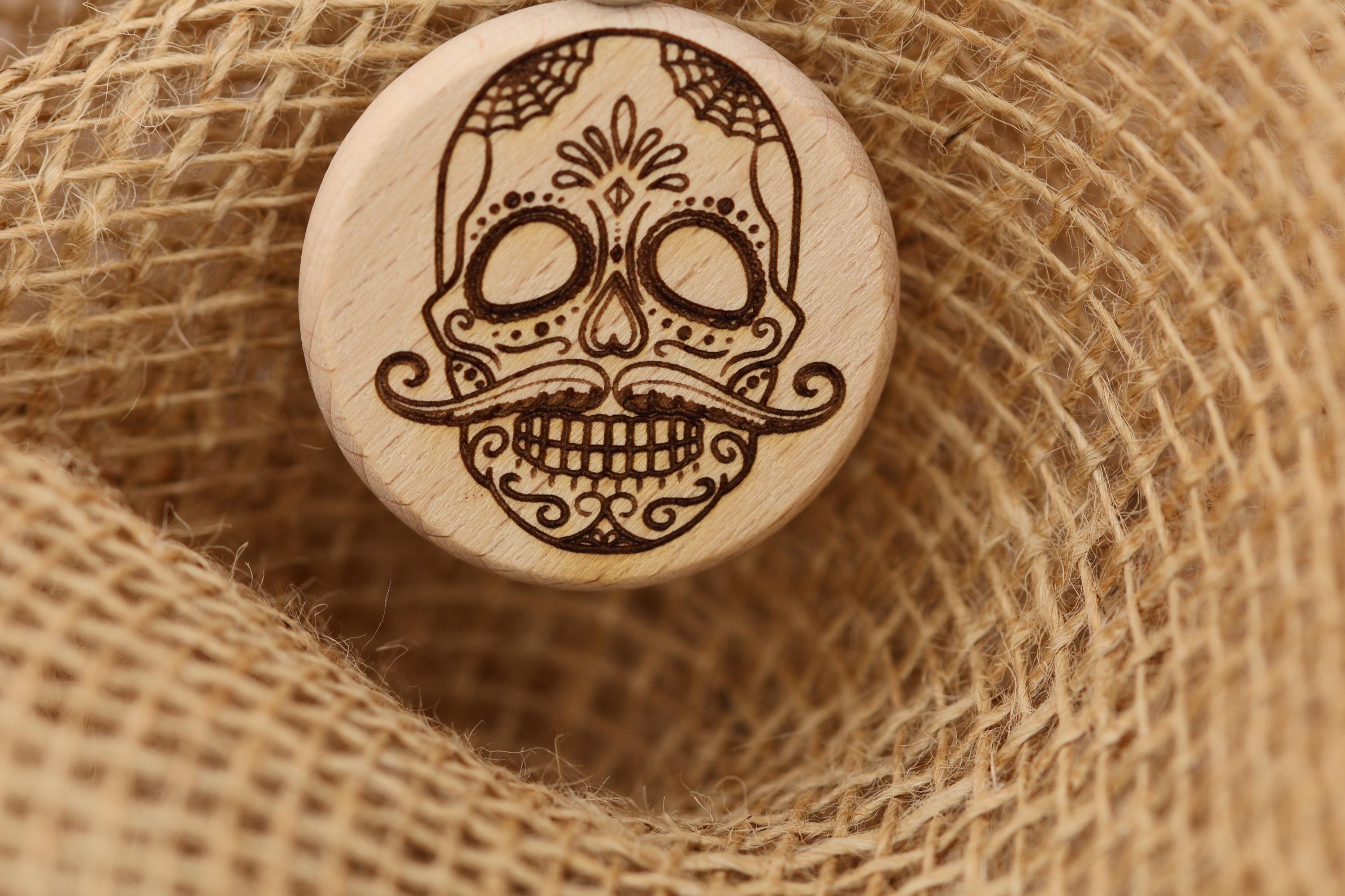 Sugar Skull keychain / bag charm – double-sided laser engraved wood with stainless steel keyring, day of the dead gift