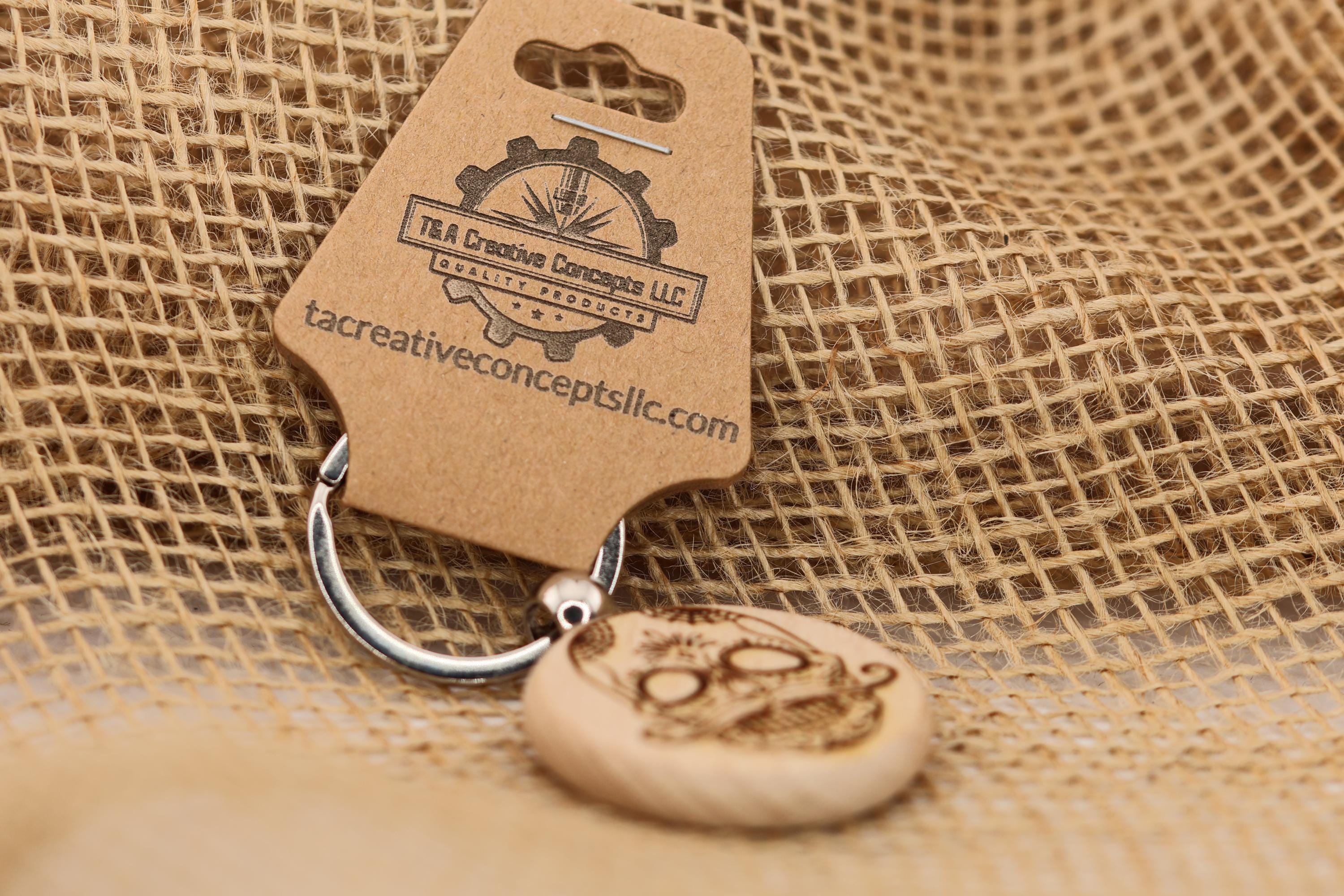 Sugar Skull keychain / bag charm – double-sided laser engraved wood with stainless steel keyring, day of the dead gift
