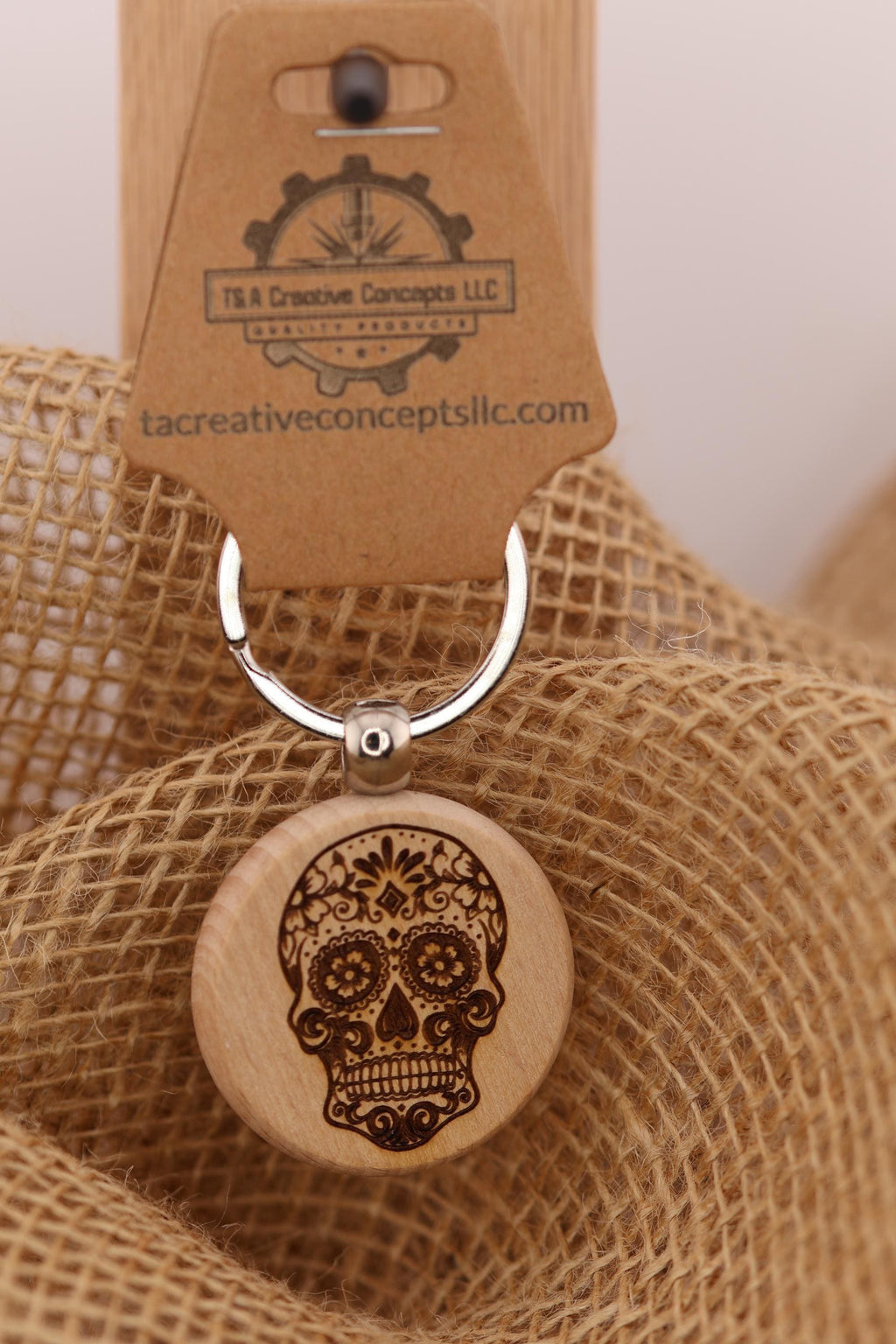 Sugar skull keychain – double-sided laser engraved wood with stainless steel keyring / bag charm, day of the dead gift