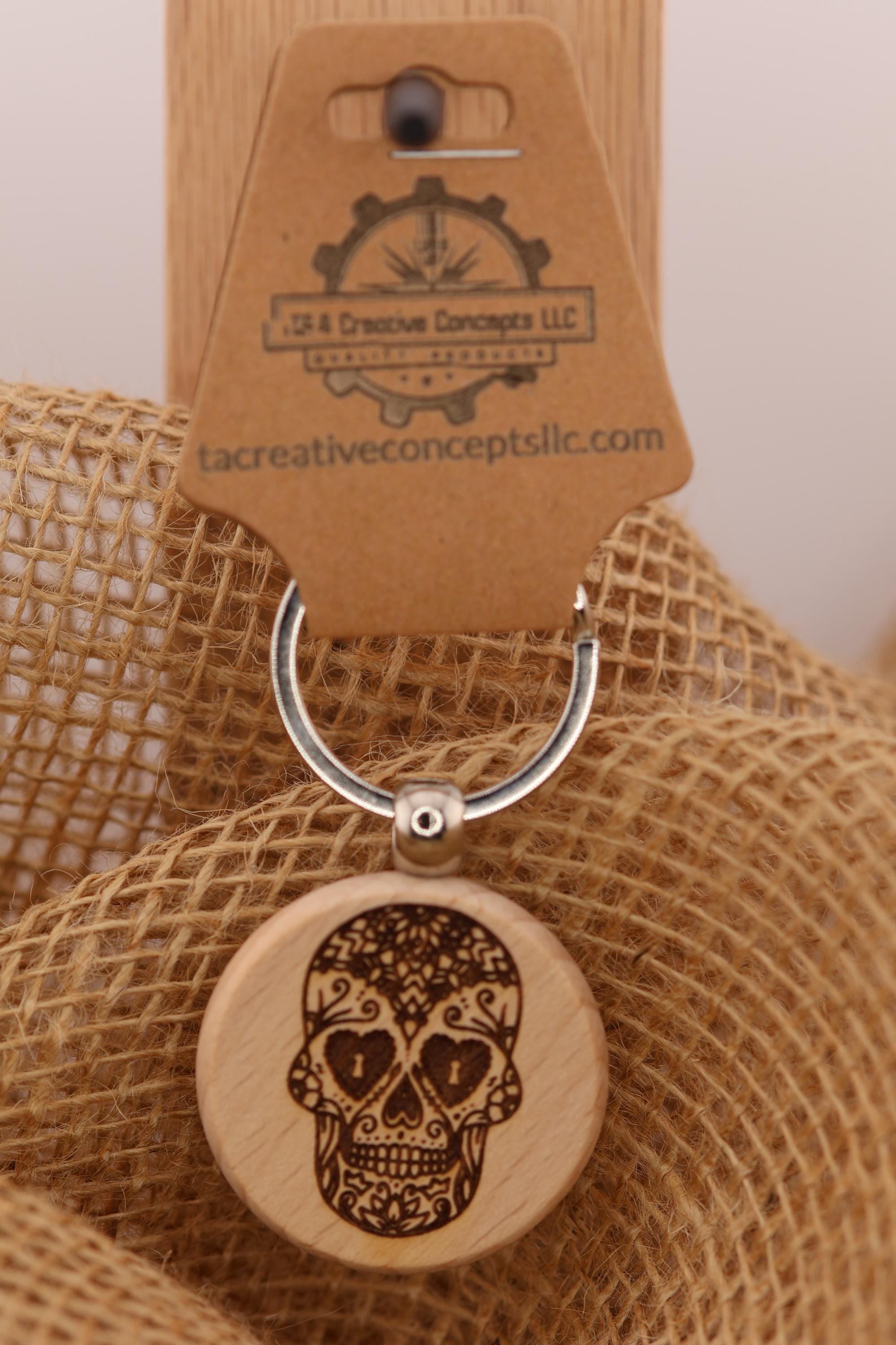 Sugar skull keychain / bag charm – double-sided laser engraved wood with stainless steel keyring, day of the dead gift