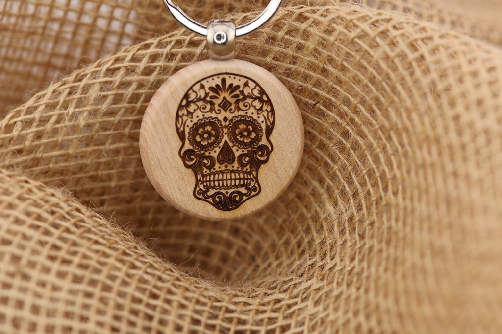 Sugar skull keychain – double-sided laser engraved wood with stainless steel keyring / bag charm, day of the dead gift