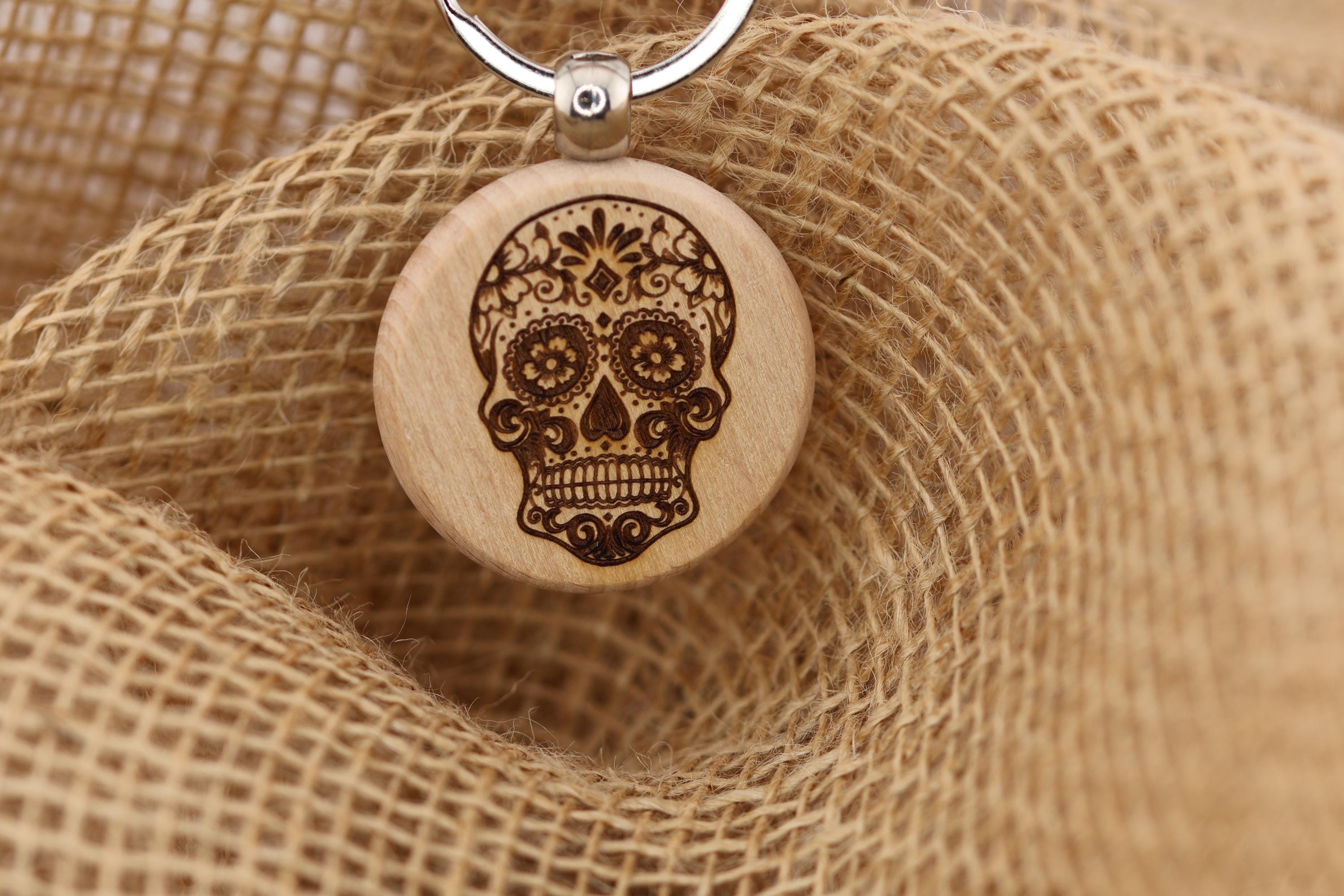 Sugar skull keychain – double-sided laser engraved wood with stainless steel keyring / bag charm, day of the dead gift