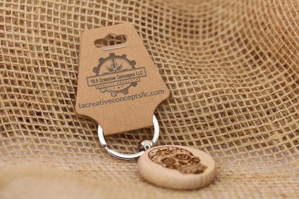 Sugar skull keychain – double-sided laser engraved wood with stainless steel keyring / bag charm, day of the dead gift