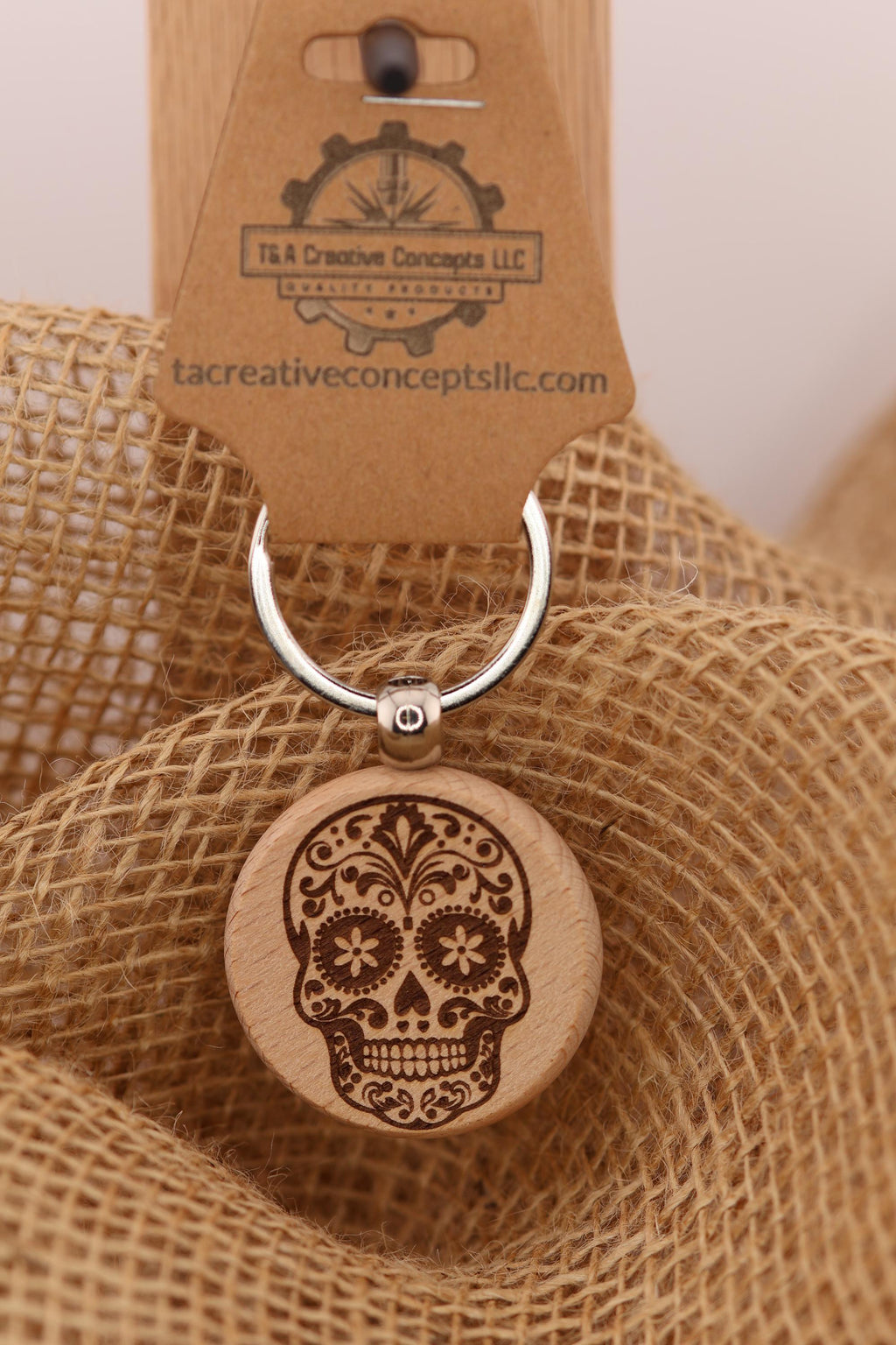 Sugar Skull keychain / bag charm – double-sided laser engraved wood with stainless steel keyring, day of the dead gift