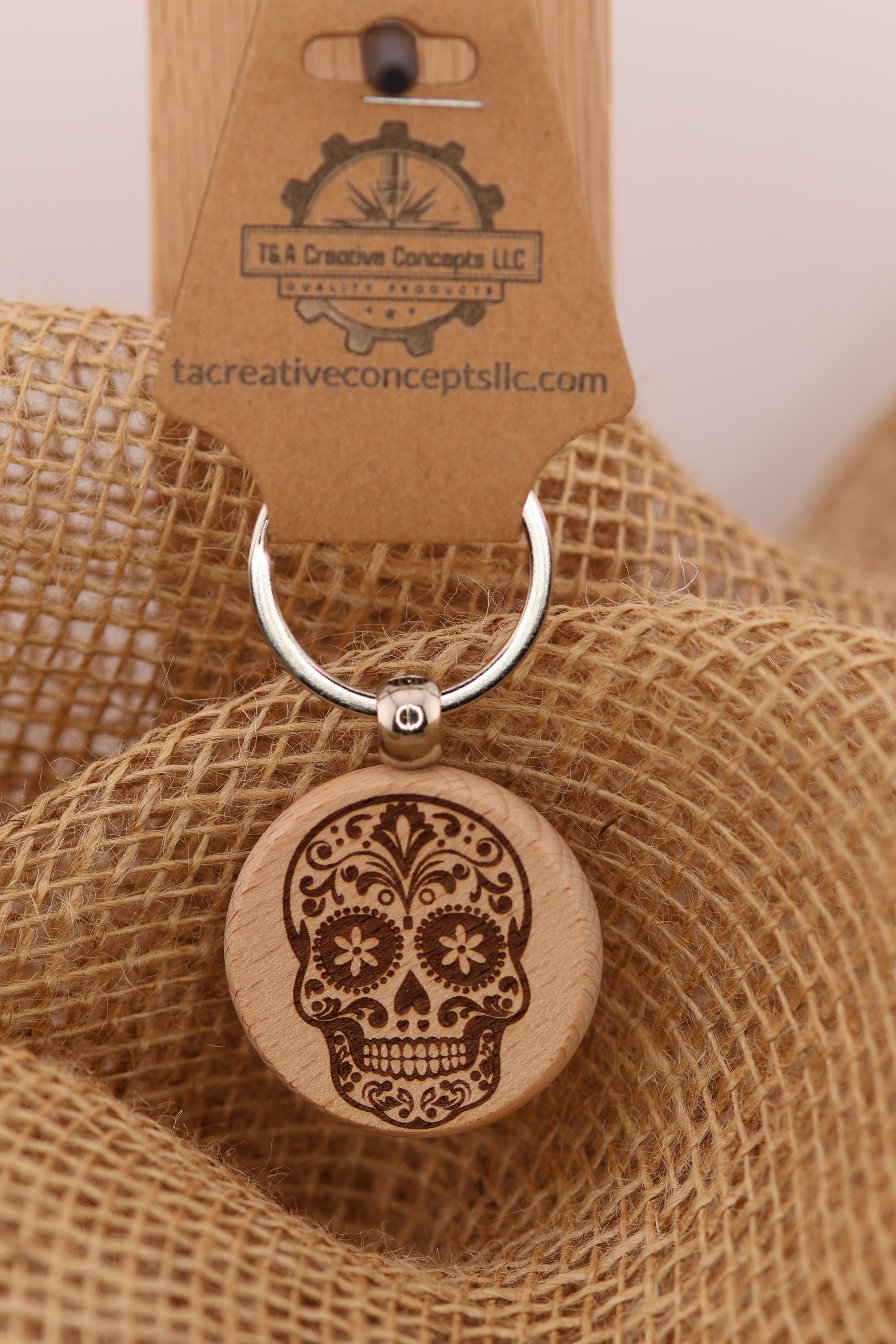 Sugar Skull keychain / bag charm – double-sided laser engraved wood with stainless steel keyring, day of the dead gift