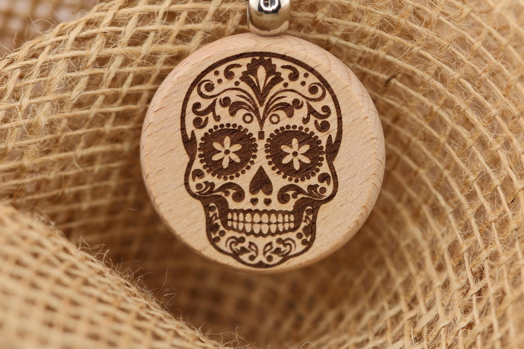 Sugar Skull keychain / bag charm – double-sided laser engraved wood with stainless steel keyring, day of the dead gift