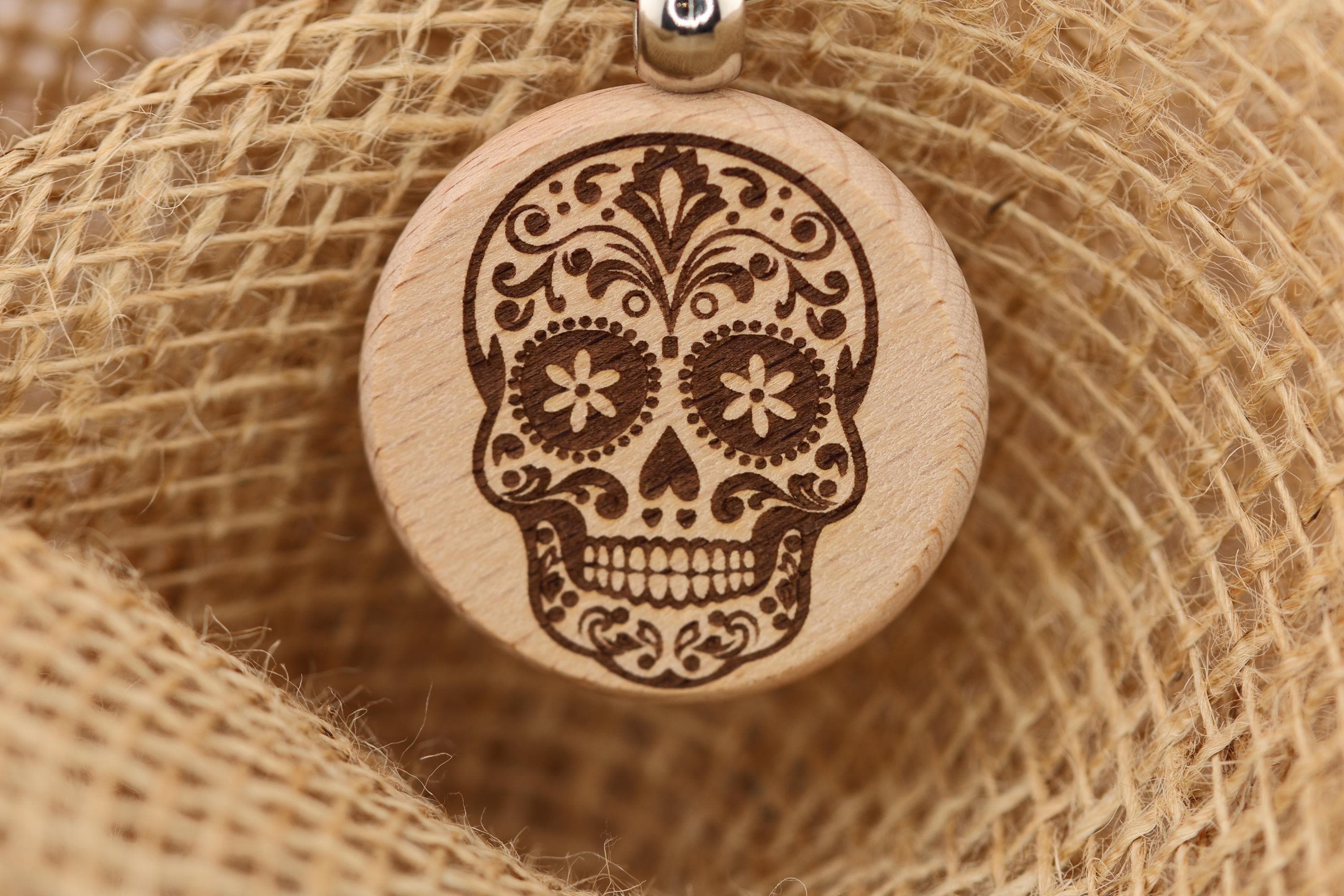 Sugar Skull keychain / bag charm – double-sided laser engraved wood with stainless steel keyring, day of the dead gift
